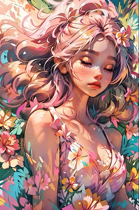 1girl, solo, flower, dress, blonde hair, closed eyes, pink flower, plumeria, lying, white dress, pink yellow plumeria, on back, ...