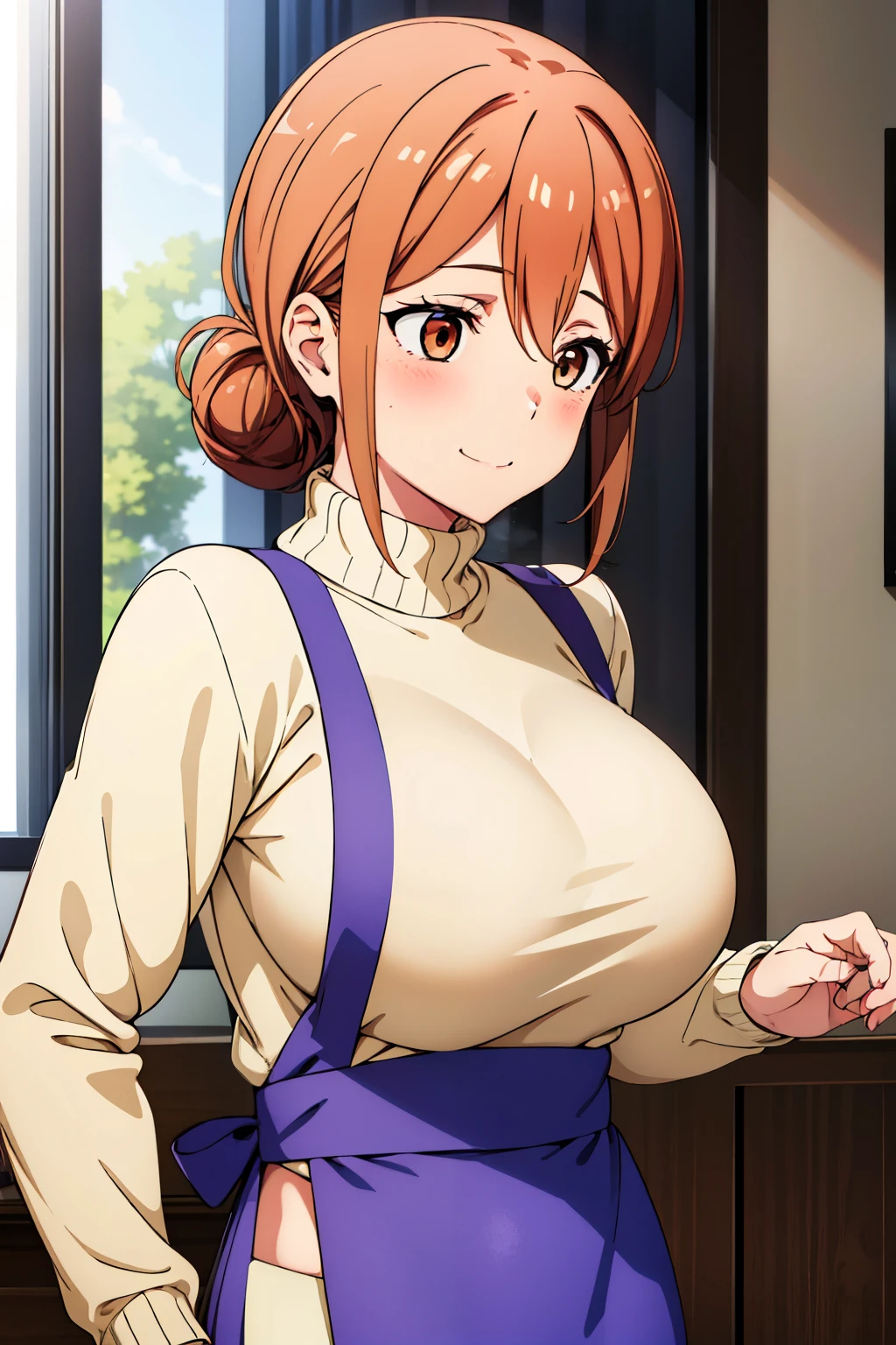 best quality, high resolution, (looking away:1.2), 1girl, blush, embarrassed, smile, (huge breasts:1.2), in summer,modern apartment, ribbed sweater, turtleneck, purple_apron, purple bowtie, pencil skirt, hair_between_eyes, hair_bun, brown_hair,brown_eyes, 1 girl, 24yo,mature female,(narrow_waist), (from side:0.8)