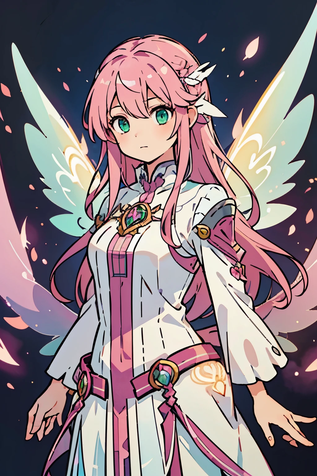 Masterpiece, Best Quality, 1girl, solo, adult, mature woman, pink hair, vivid hair, long hair, green eyes, glowing eyes, fairy, fairy wings, brilliant wings, mystical dress, elsword style dress, serious expression, ((((magic florest background:1.0)))), cowboy shot, looking to viewer