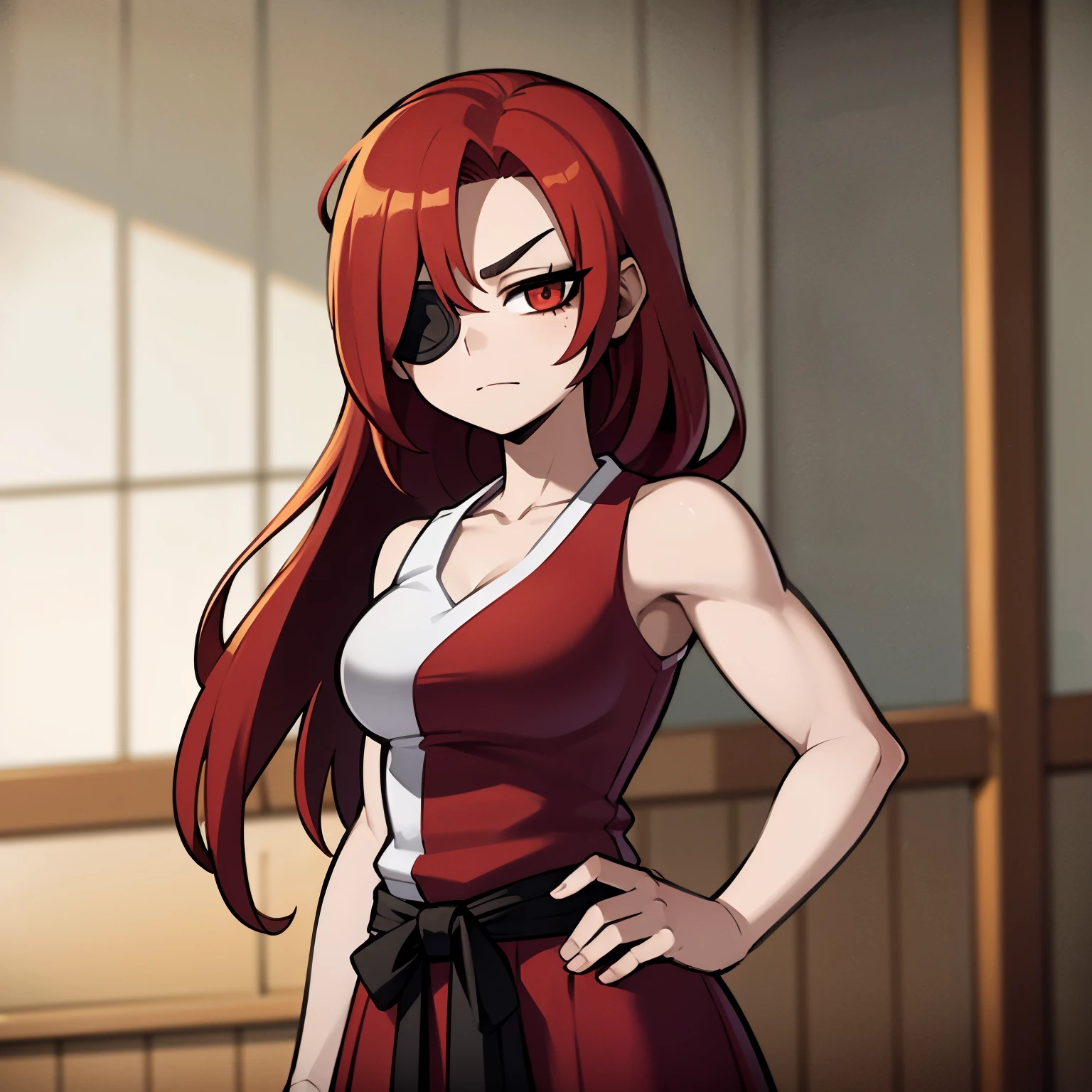 Anime girl with red hair and eye patch in a red dress - SeaArt AI