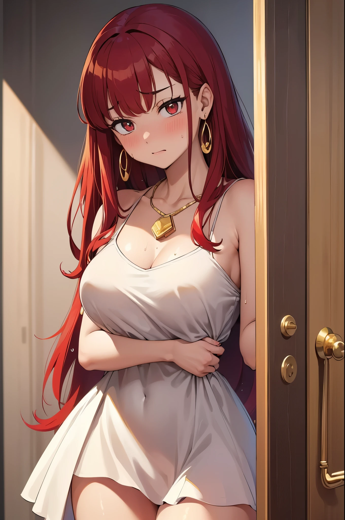 Anime girl with red hair and big breasts standing in doorway - SeaArt AI