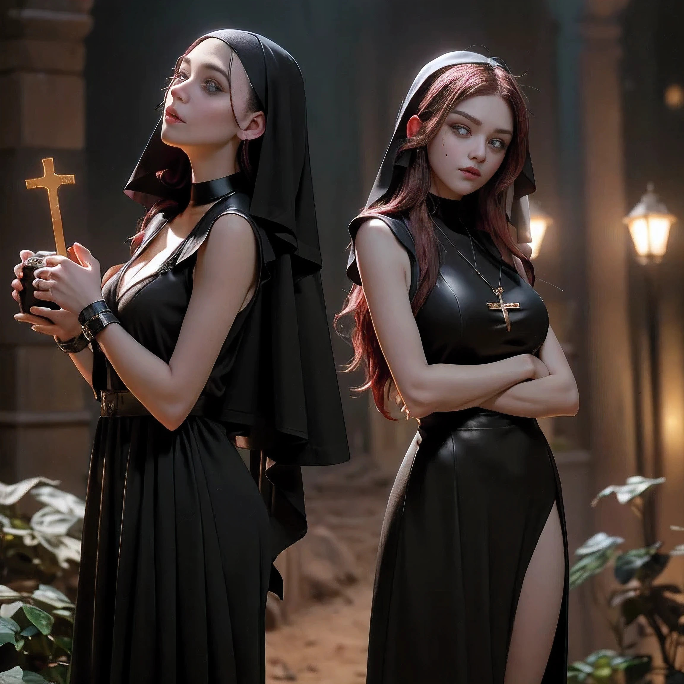 (in 8K，Raw photo，top-quality，超A high resolution，​masterpiece：1.2)，(Photorealsitic：1.37)， (Gothic nun huge breasts), Set in the 1990s, Surreal makeup, Leather clothes with bare naked breasts in front of a jesus Christ Cross in the Gothic style at night, neon light, Very dark, Horror, Red hue, Sony A7III, movie的ライティング, movie, grain, UHD Face, volumetric shadow