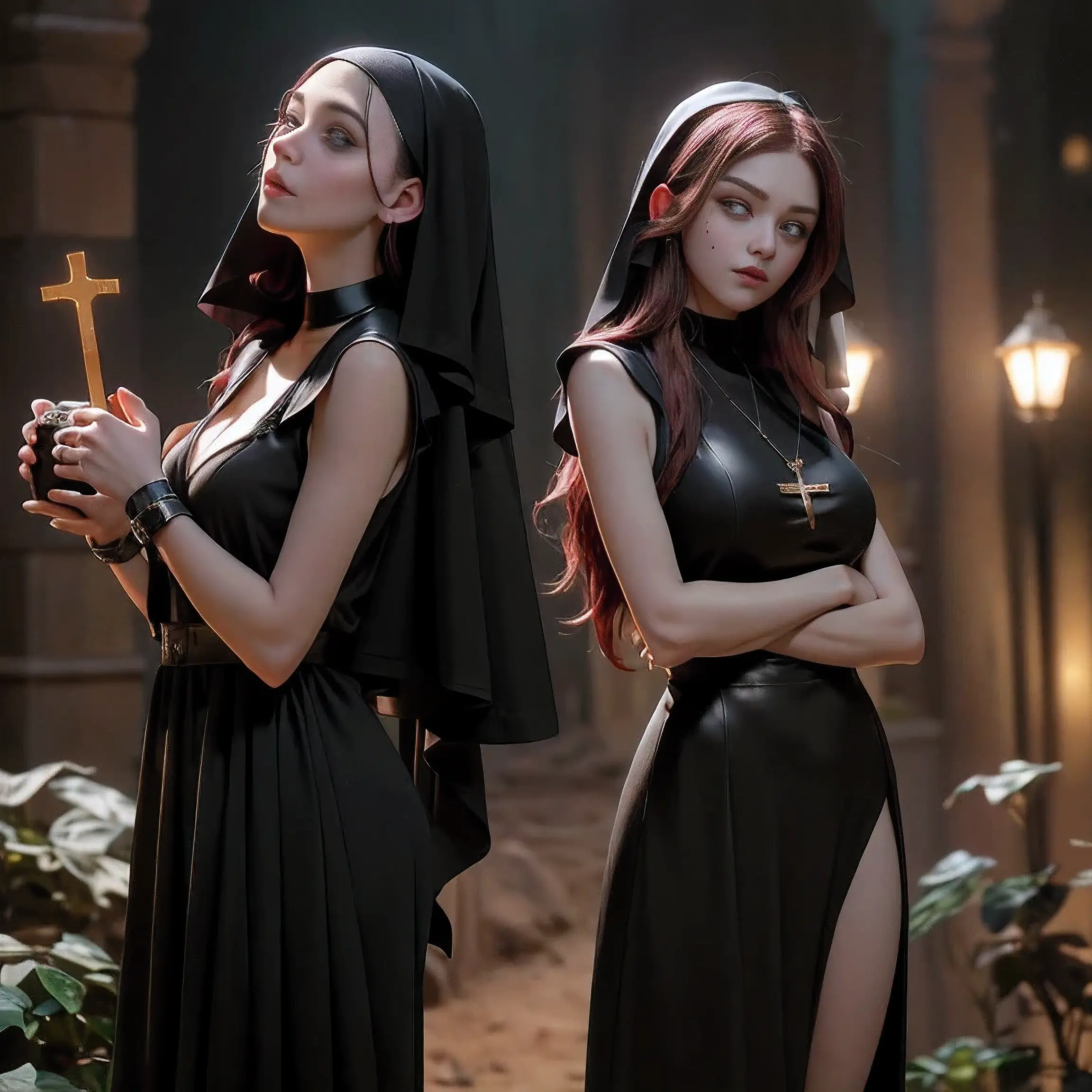 (in 8K，Raw photo，top-quality，超A high resolution，​masterpiece：1.2)，(Photorealsitic：1.37)， (Gothic nun huge breasts), Set in the 1...