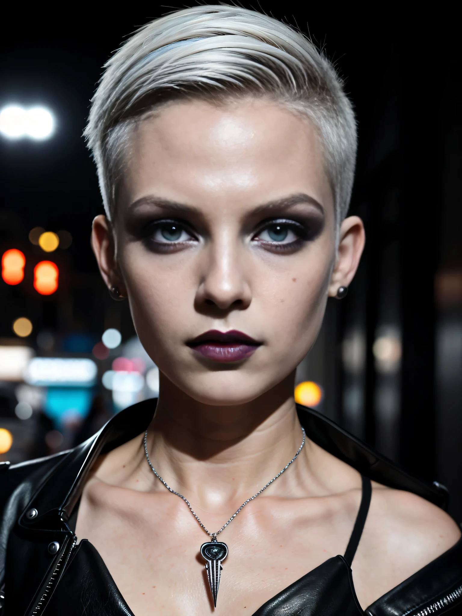 Blond woman with short hair and black leather jacket posing for a picture -  SeaArt AI