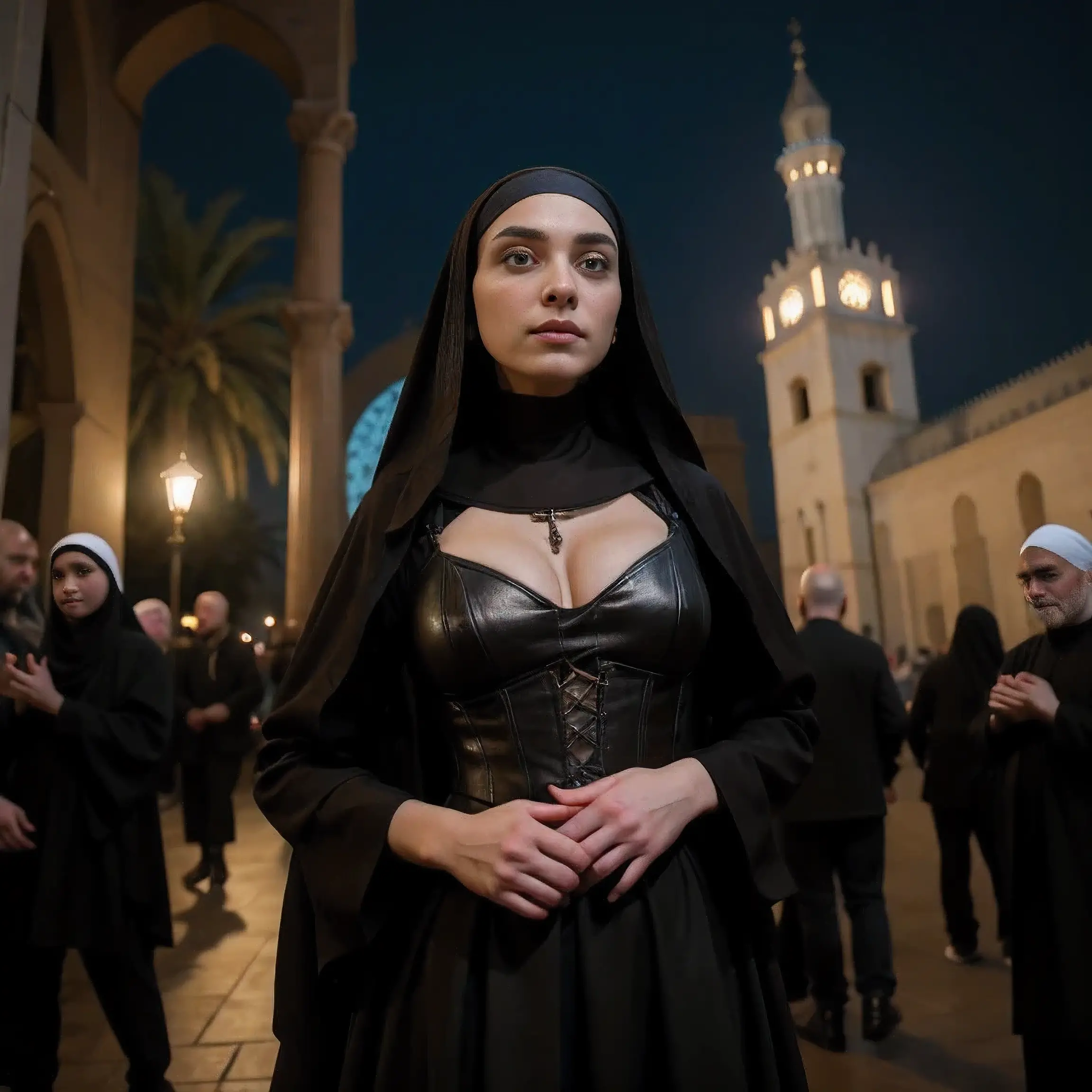 (in 8k，raw photo，top-quality，超a high resolution，​masterpiece：1.2)，(photorealsitic：1.37)， (gothic nun huge breasts), set in the 1...