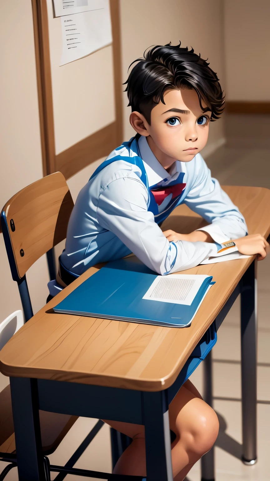 El niño se sienta a la mesa y hace la tarea escolar.