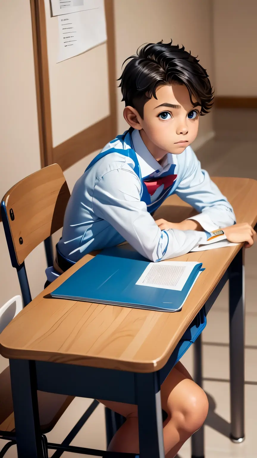 boy 10 years old sits at the table and does school homework