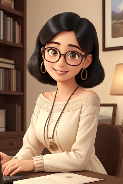 (highest quality,super detailed,realistic:1.37)oil、60 years old、information collector、laptop、black hair、Shortcuts to the shoulder、round face、Wear glasses、A gentle smile that envelops you、Unbleached beige round neck long sleeve dress、Highly curious、I love talking to people.。Bookshelf in background。soft lighting。