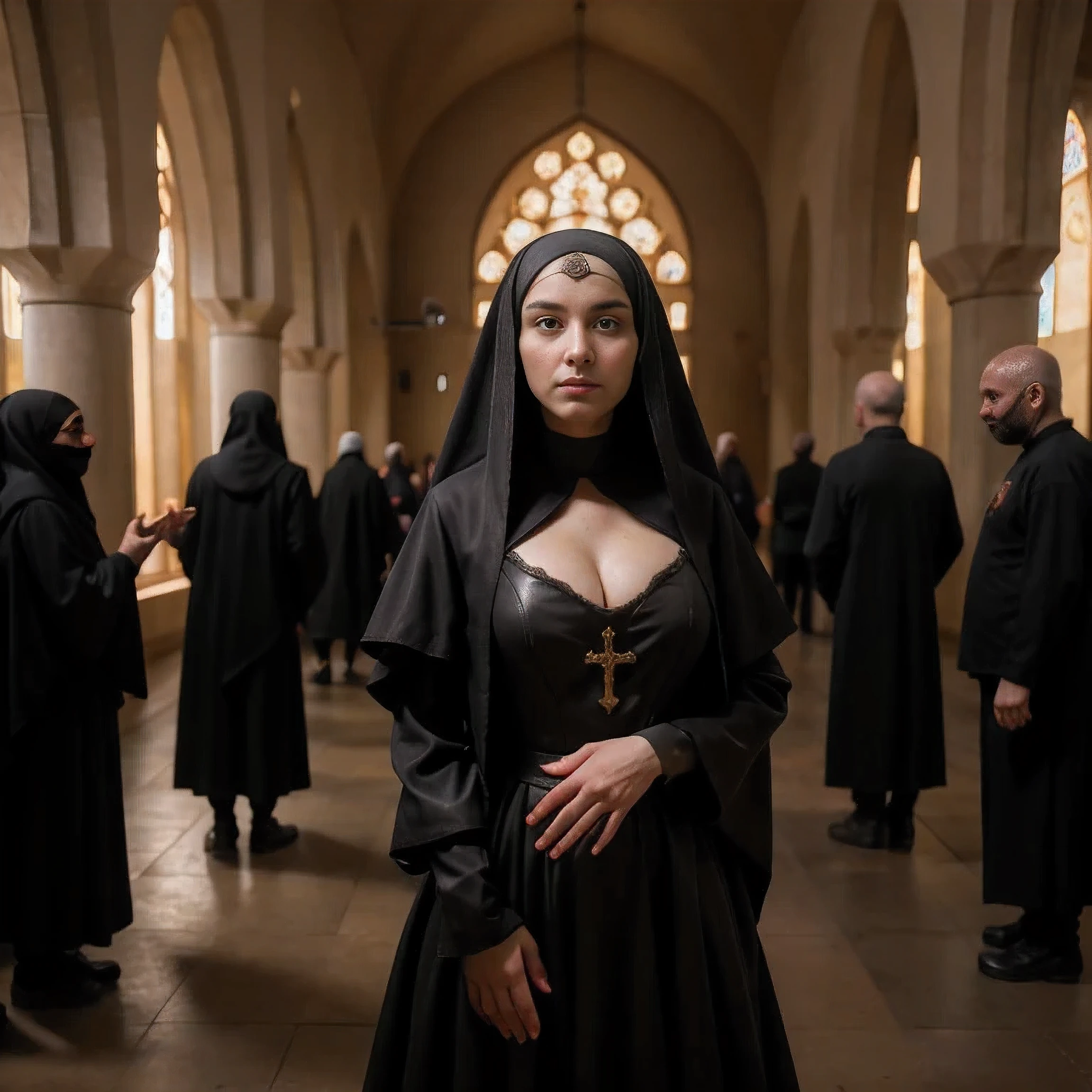 (in 8K，Raw photo，top-quality，超A high resolution，​masterpiece：1.2)，(Photorealsitic：1.37)， (Gothic nun huge breasts), Set in the 2020, Surreal makeup, Leather catholic clothes with bare naked breasts in front of a Turkish Mosk with Muslim men around her at night, Muslim, Mosk, Very dark, Horror, Red hue, Sony A7III, movie的ライティング, movie, grain, UHD Face, volumetric shadow