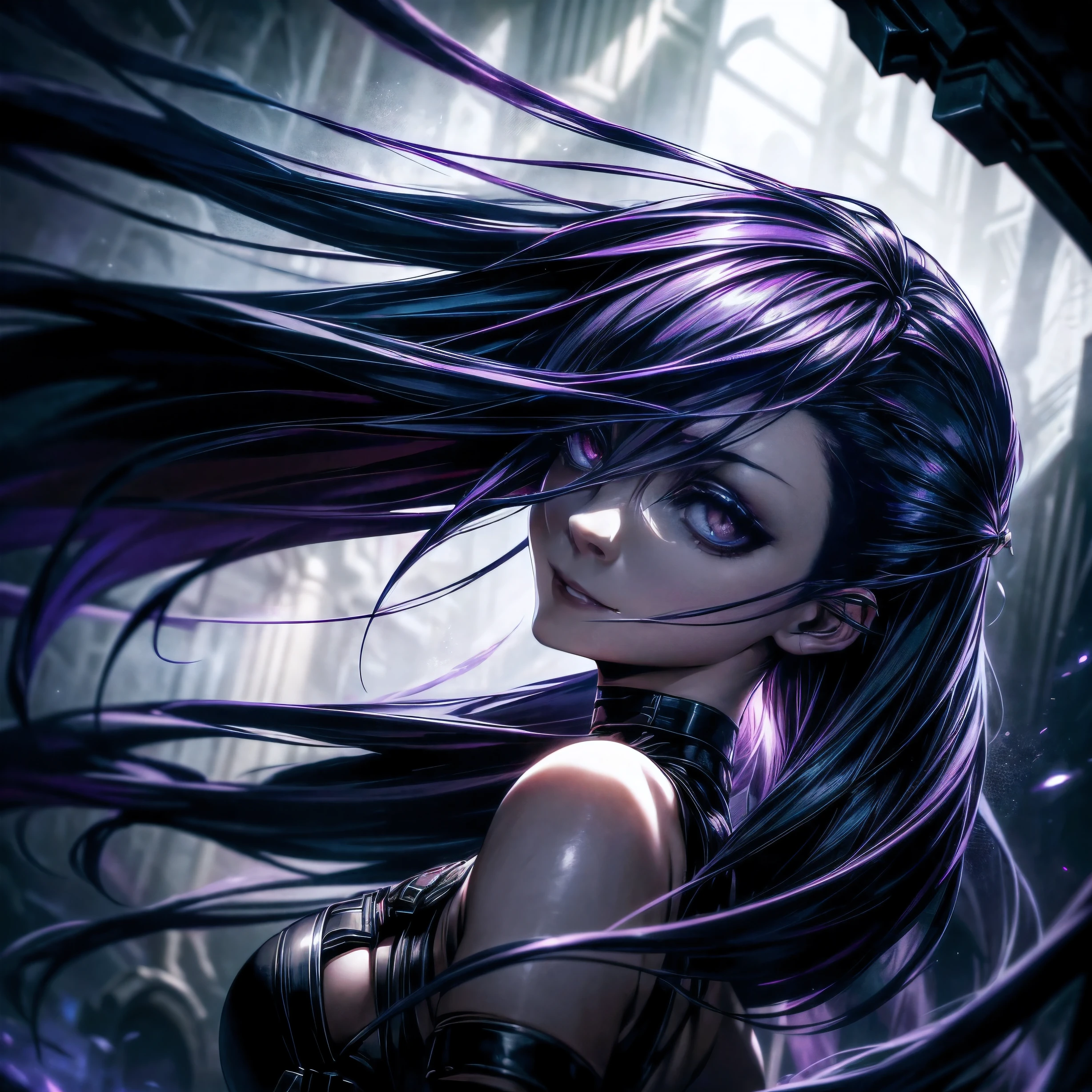 Um ultra-detalhado, high resolution, e realista:1.37 aviso, depicting a mysterious scene inspired by League of Legends champion Jinx. The central focus of the image is a character with his head tilted, olhando para cima com um sorriso estranho. The character&#39;s eyes are exceptionally detailed, radiating a sense of mystery and intensity. The lips are also beautifully detailed, presenting a seductive expression, mas sinistra. The overall atmosphere is dark and mysterious, with shadows and low lighting increasing the mysterious atmosphere. Image quality is top-notch, With intricate detail and sharp focus. O estilo de arte inclina-se para a arte conceitual, misturando elementos de fantasia com um toque de realismo. The color palette is predominantly dark and moody, with vibrant pops of color used to highlight specific areas. Lighting is positioned to create dramatic effects, casting shadows and lighting the scene with an eerie glow.
