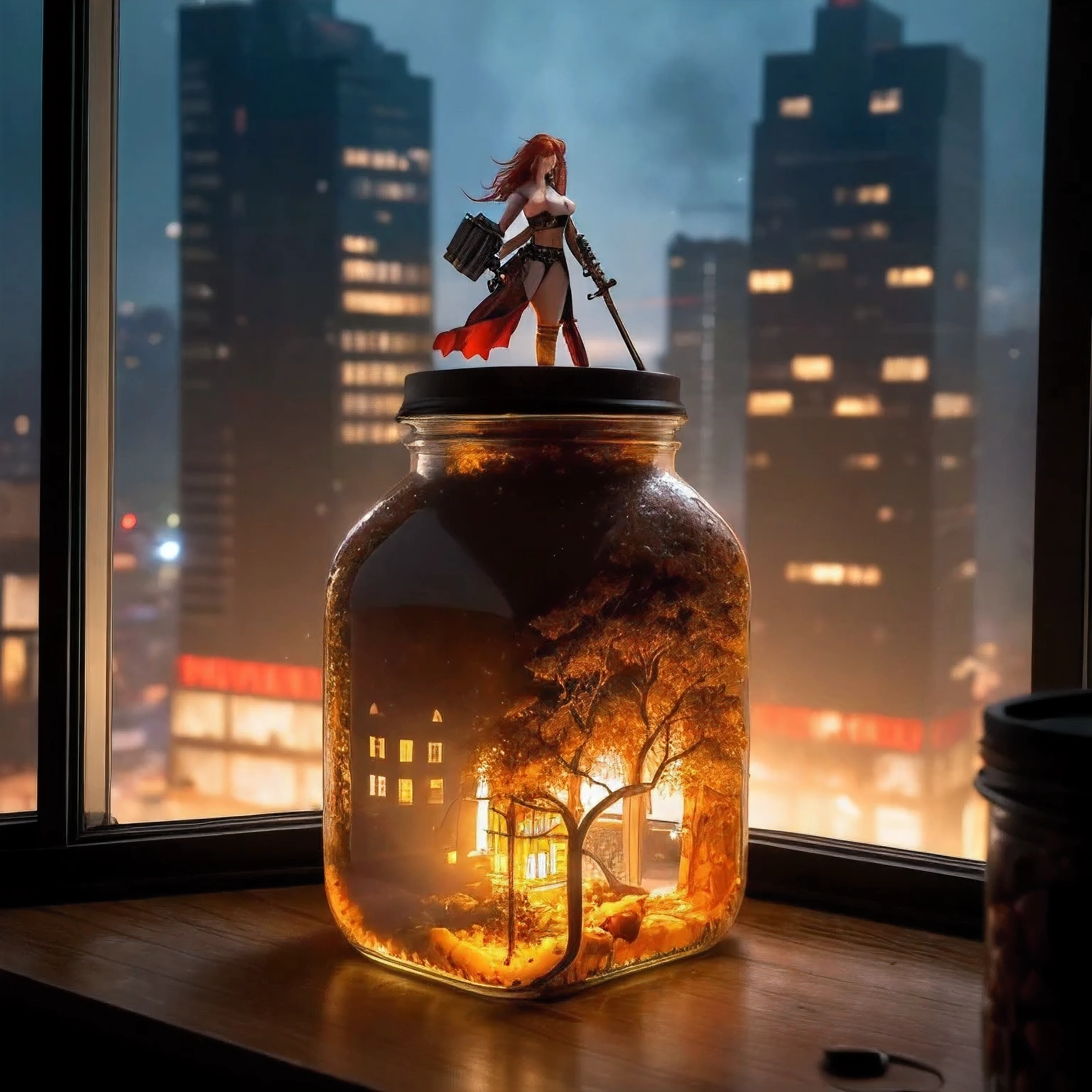 晚上, 一个美丽的大胸裸体红头发女孩正在看着一个罐子，里面有一个带盖的方形玻璃罐，里面有一座城市, 放置在窗户上, 极其详细, 8千, 末世朋克风格, 缩影, 特写微距摄影 