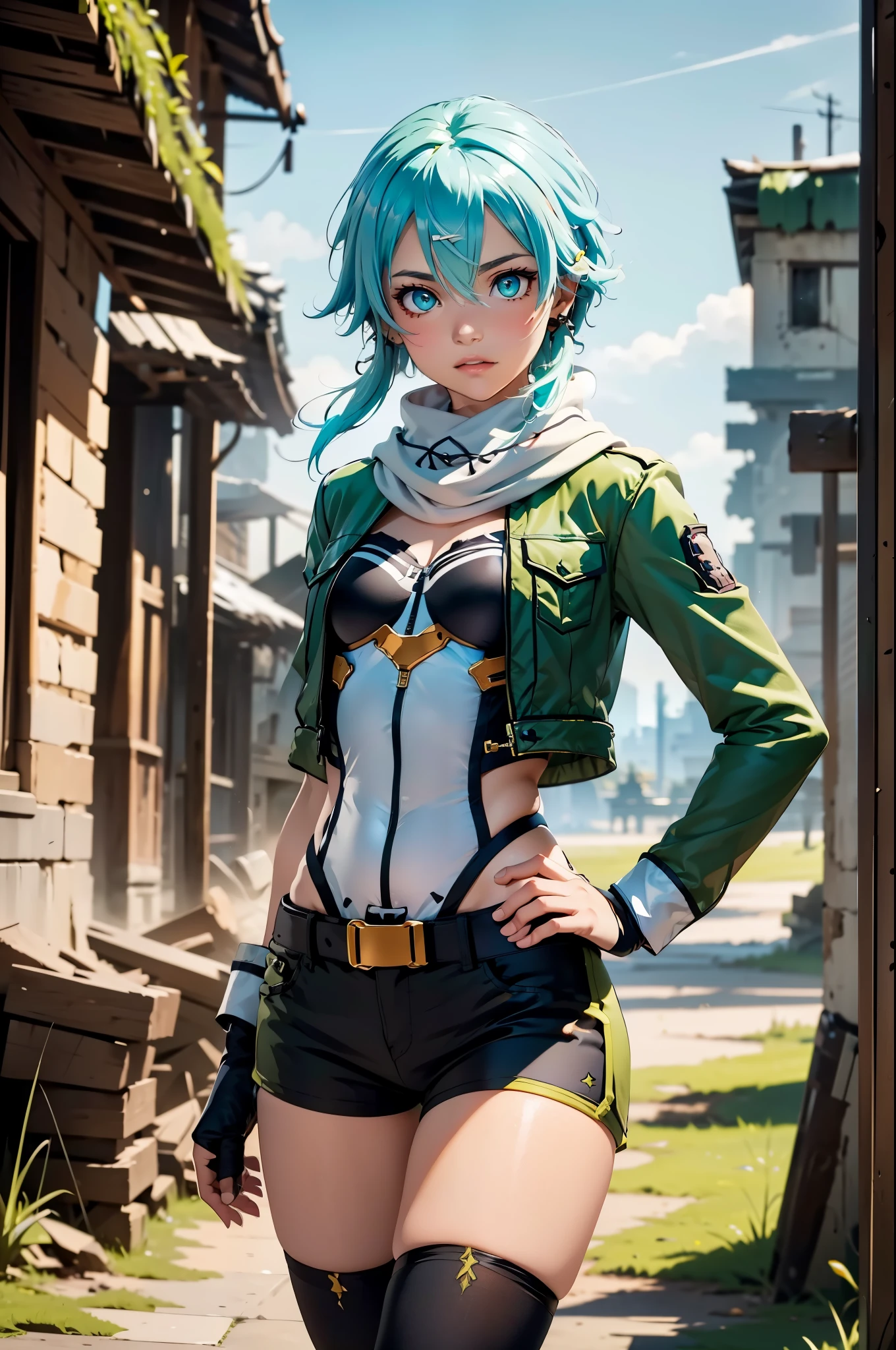 (masterpiece), best quality, expressive eyes, perfect face, highres, sinon1, scarf, fingerless gloves, long sleeves, short shorts, hair ornament, hairclip, green thighhighs, green jacket, thigh strap, hands on hip, field, ruins background, ruined structures, standing, cowboy shot, looking at the viewer