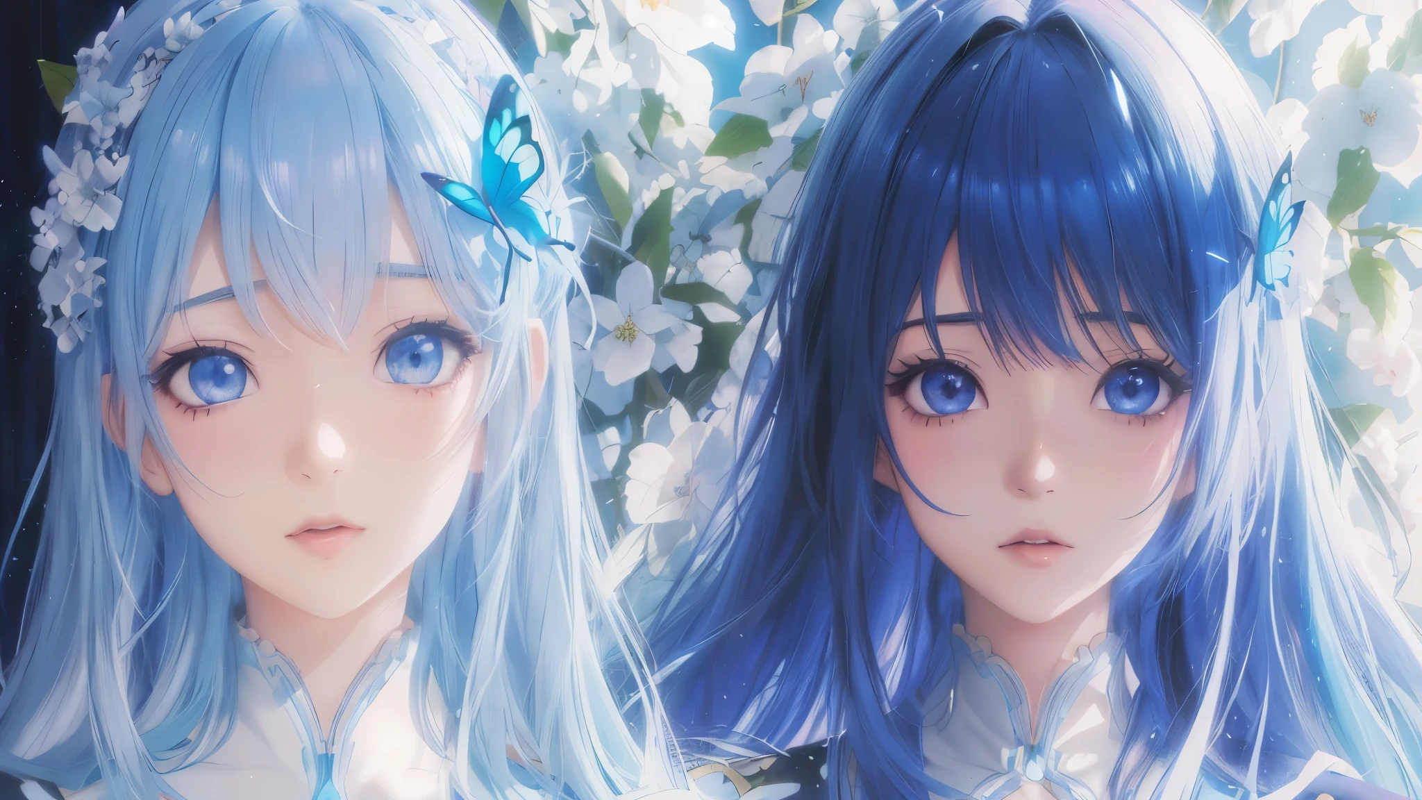 anime girl with blue hair and blue eyes and a butterfly in her hair, 4K anime style, anime art wallpaper 4k, anime art wallpaper 4k, detailed digital anime art, anime art wallpaper 8k, 4k anime wallpaper, manga wallpaper 4k, two beautiful anime girls, beautiful anime illustrations, Guweiz and Artstation Pixiv