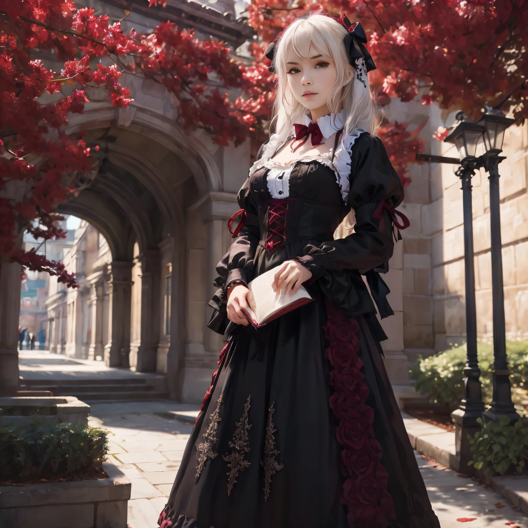 (best quality,4k,8k,highres,masterpiece:1.2),ultra-detailed, college girl, f4mk3, gothic lolita, white hair, black dress with maroon lace maroon bows and maroon frills, hanging out outside on college campus, coquettish pose, holding books, HDR, 8k, absurdres, cinestill 800, sharp focus