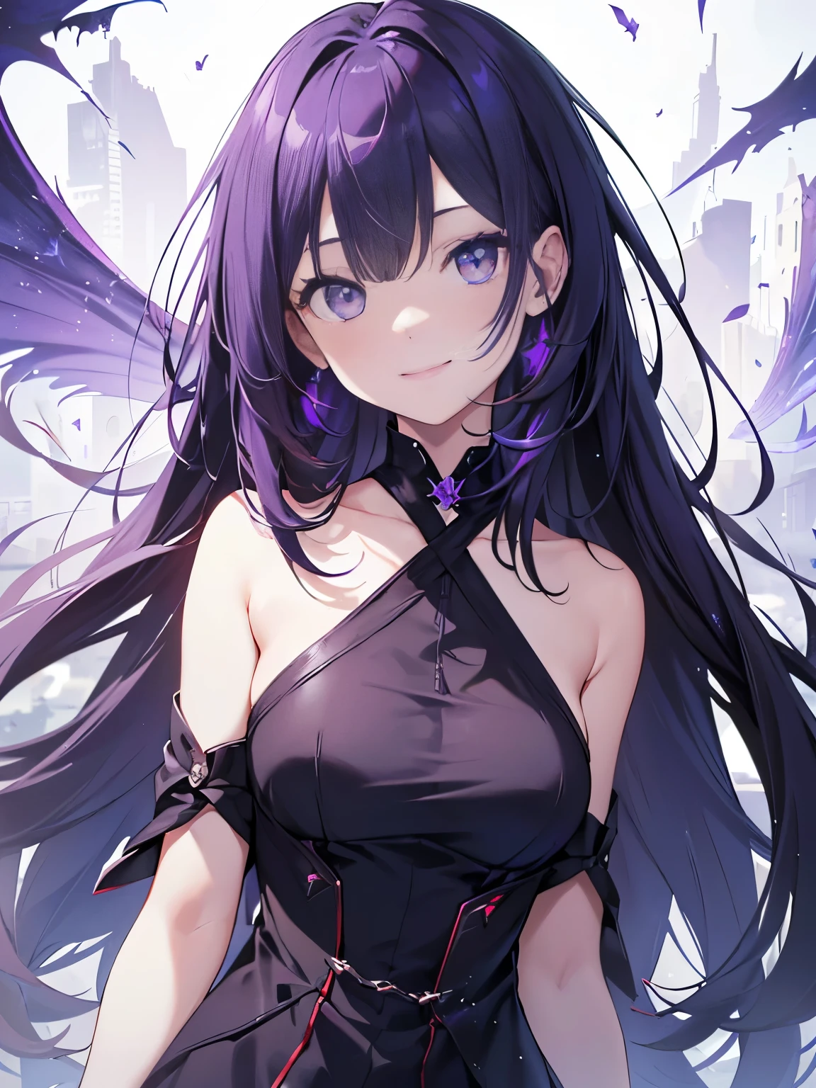 (debris flies, highest quality, ultra high resolution),1 girl,(black dress beautiful、detailed face, fine eyes,((white and purple theme)),standing in front of a pure white wall、facing forward,smile、smile,cheeks are red,whole body,Beautiful eyes that everyone envy