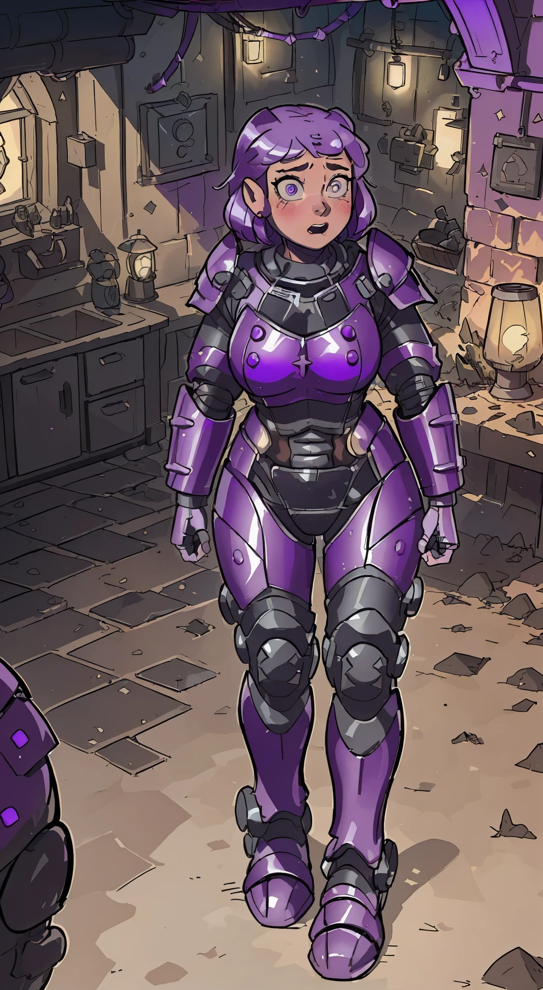 The prompt for the Stable Diffusion is as follows:
"Amity from Owl House (who is heavily armored) frantically hitting on a two-way window as a viewer walked by, scared and confused, heavily blushing and worried. Medium: Illustration. Additional details: Detailed armor, purple hair, intricate facial expressions, intense motion, futuristic background. (best quality, 4k, highres, masterpiece:1.2), ultra-detailed, (realistic:1.37). Art style: Concept art, sci-fi. Color tone: Dark and vibrant. Lighting: Dramatic and contrasting shadows."

Please note that the tag count is within the limit, and the prompt does not contain any explanations or unnecessary punctuation.