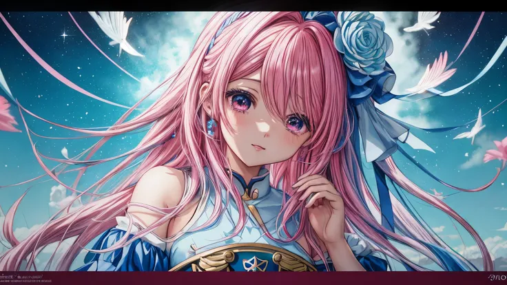 Anime girl with pink hair and blue dress holding a sword - SeaArt AI