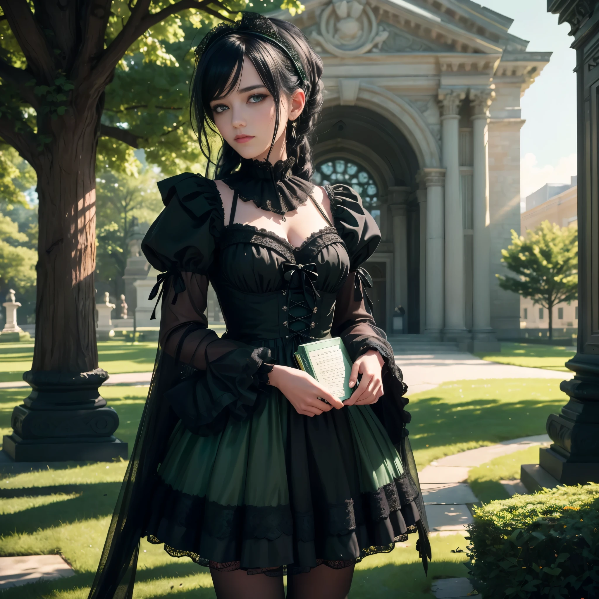 (best quality,4k,8k,highres,masterpiece:1.2),ultra-detailed, college girl, 3v4gr33n, gothic lolita, raven black hair, cold dark eyes, black dress with emerald lace green bows and jade frills, hanging out outside on college campus, coquettish pose, campus quad, holding books, HDR, 8k, absurdres, cinestill 800, sharp focus