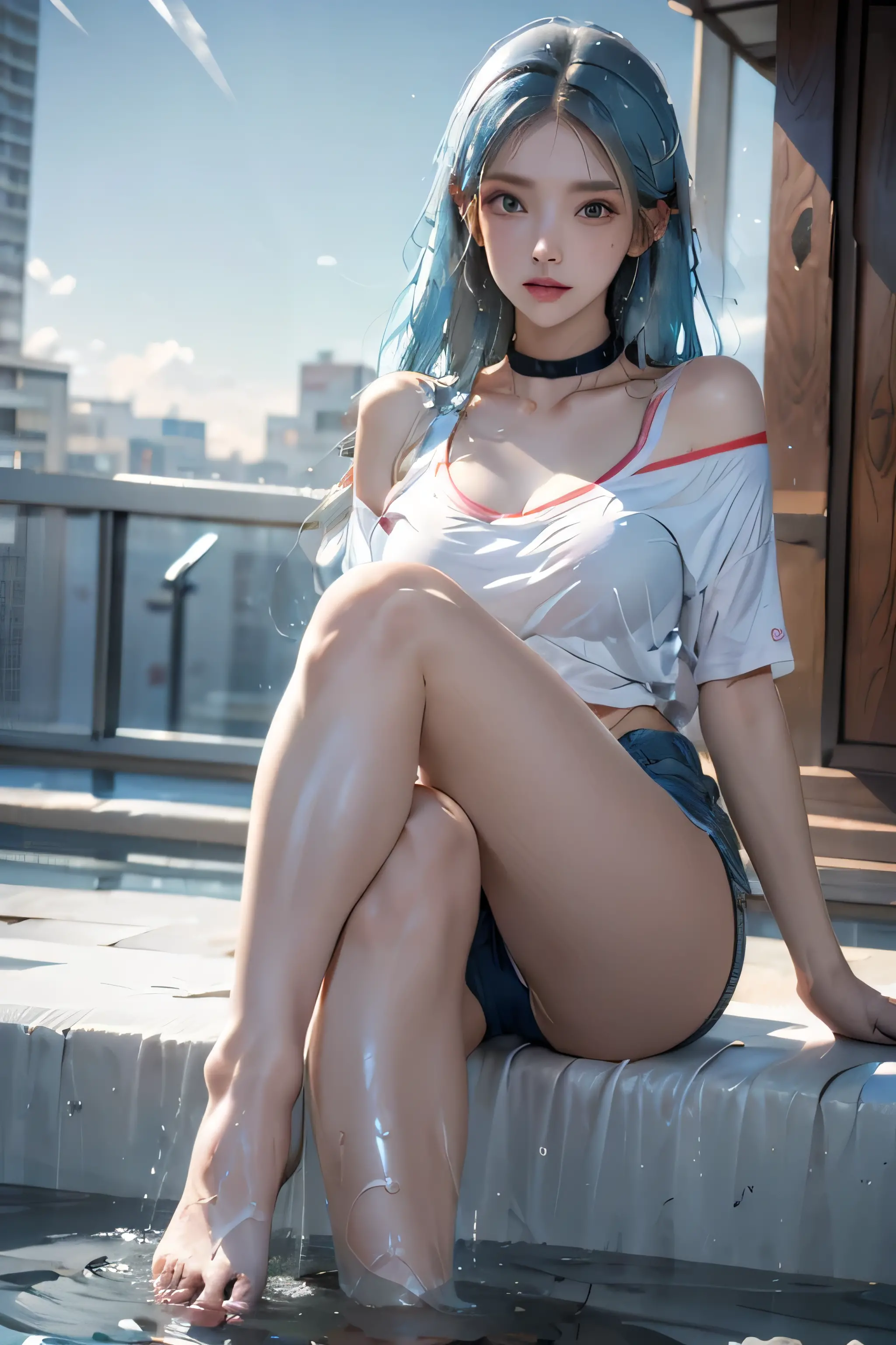 high quality,8K quality,High resolution,(masutepiece:1.3),23 year old woman, (white t-shirt,High leg wedgie panties,choker),(shoulder-length hair:1.2,wet light blue hair:1.3),(Bold pose with legs spread,dynamic pose:1.4),(Soak in a warm hot spring，vaporと静け...