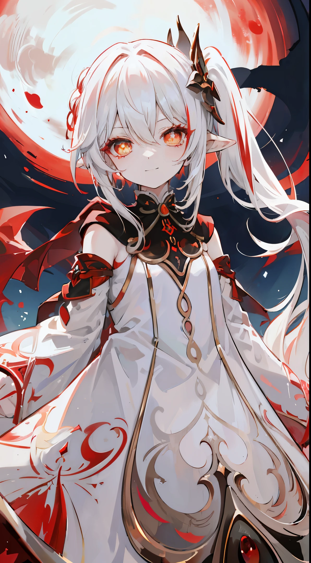 Nahida_Genshin,(White and red gradient hair),Cross pupil,default_dress,Blood red cloak,simplebackground，Blood Moon，Breath of death，Cold and powerful divinity，A sense of majesty,starrysky，demonic smile，Blue tones，Red decorative pattern，red style，Blood