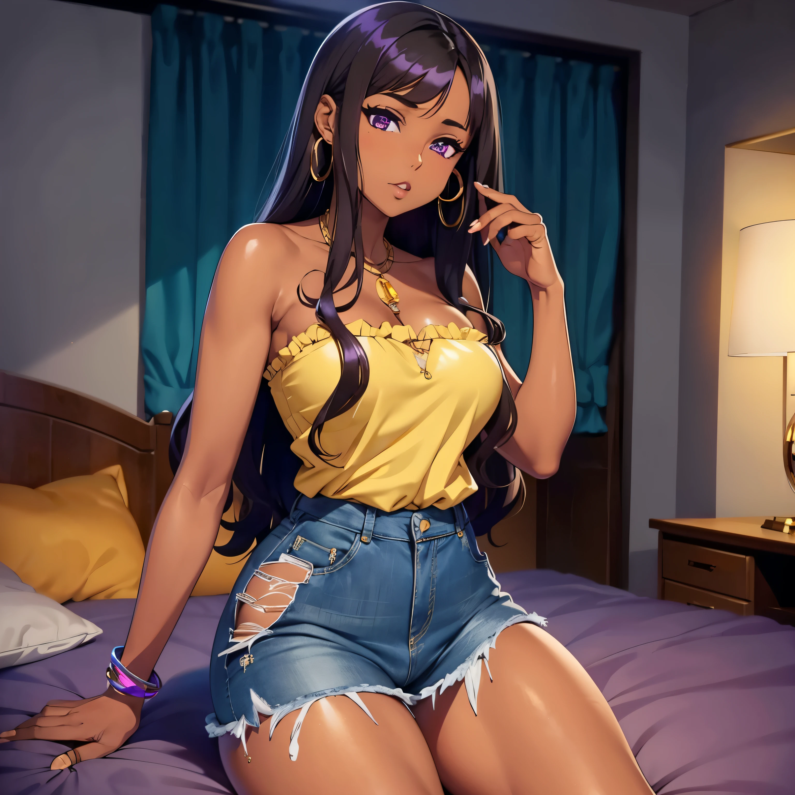 gold hoop earrings, darker brown skin, yellow strapless, shining accessories, ample cleavage, shiny purple eyes, shiny skin, torn jeans, destroyed jeans, ragged jeans, jeans falling apart