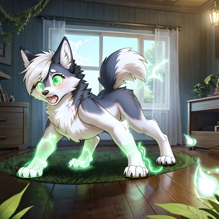 shocked and scared feral Female wolf with White fur and pik hairs and glowing Green eyes standing on all fours there are some tr...