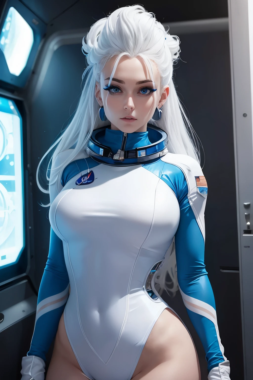 Victoria, the stunning 22-year-old with white hair and piercing blue eyes, stood tall in her tight astronaut costume, her body a work of art in the futuristic setting.