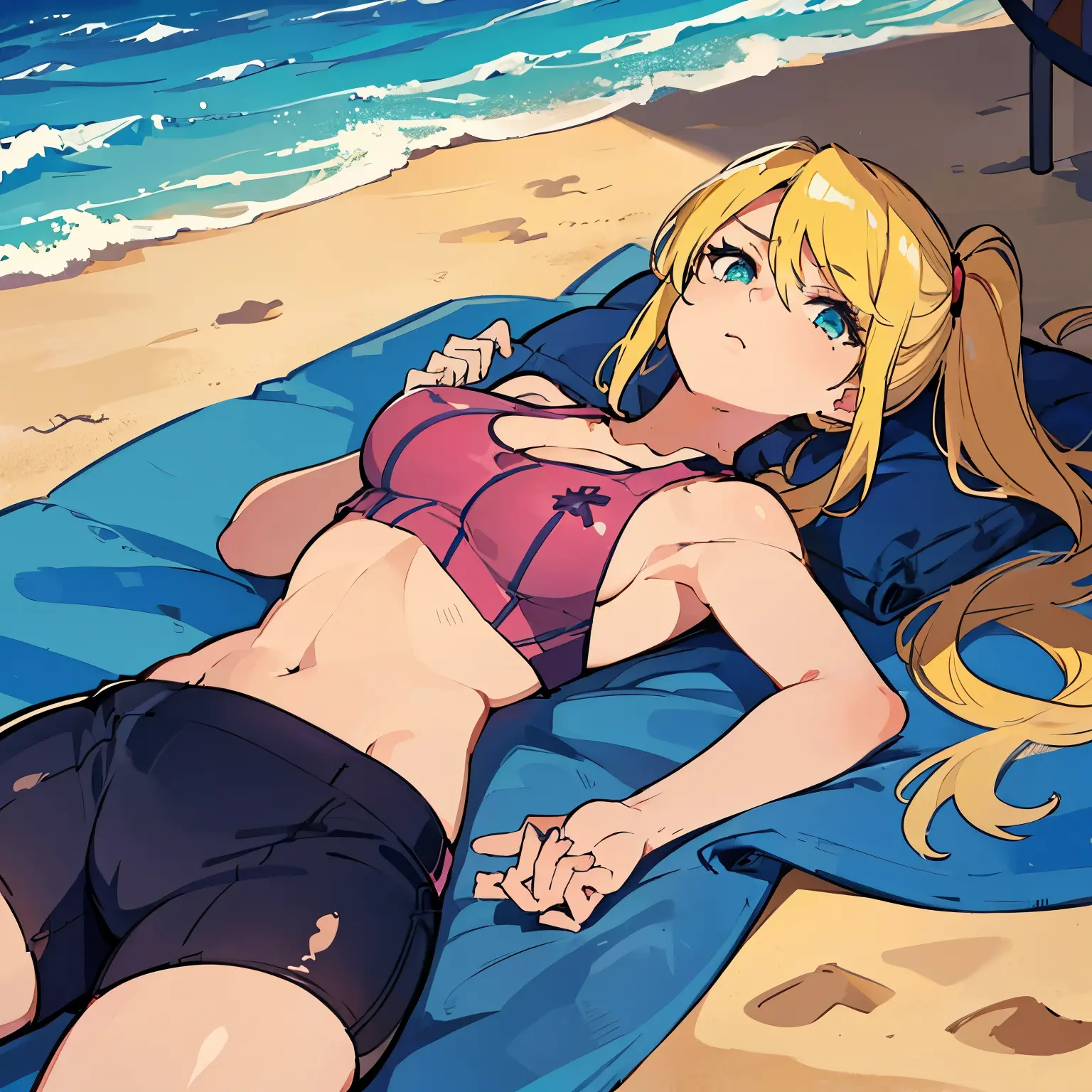 Samus aran,from behind, lying on stomach,beach towel,ocean in the background,aroused girl,1girl,