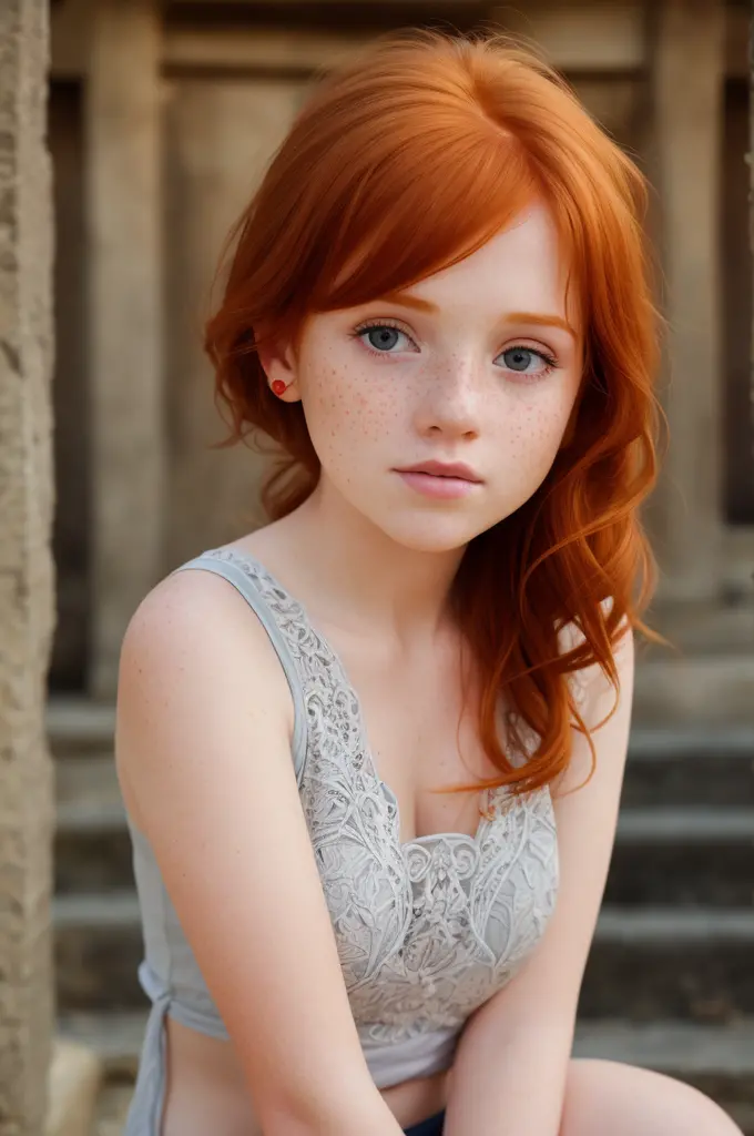 (dynamic angle:1.1), (cute face:1.2), outdoors, ginger hair, photo of  (cute  girl:1.3), freckles, sad, volumetric light, master...