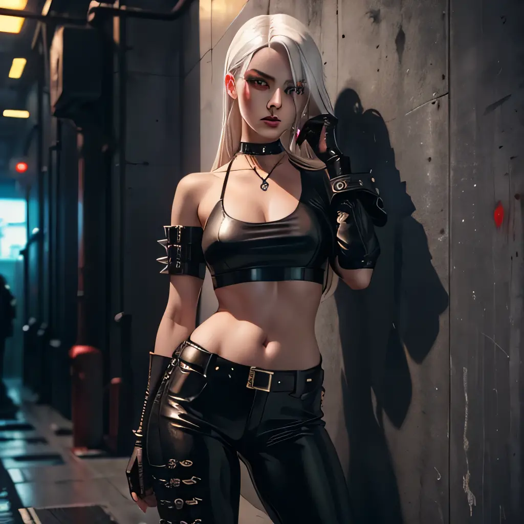 beautiful girl, cyberpunk spy style, white hair, bloody eyes, black cropped top, choker, abdomen, navel, leather pants, leather ...