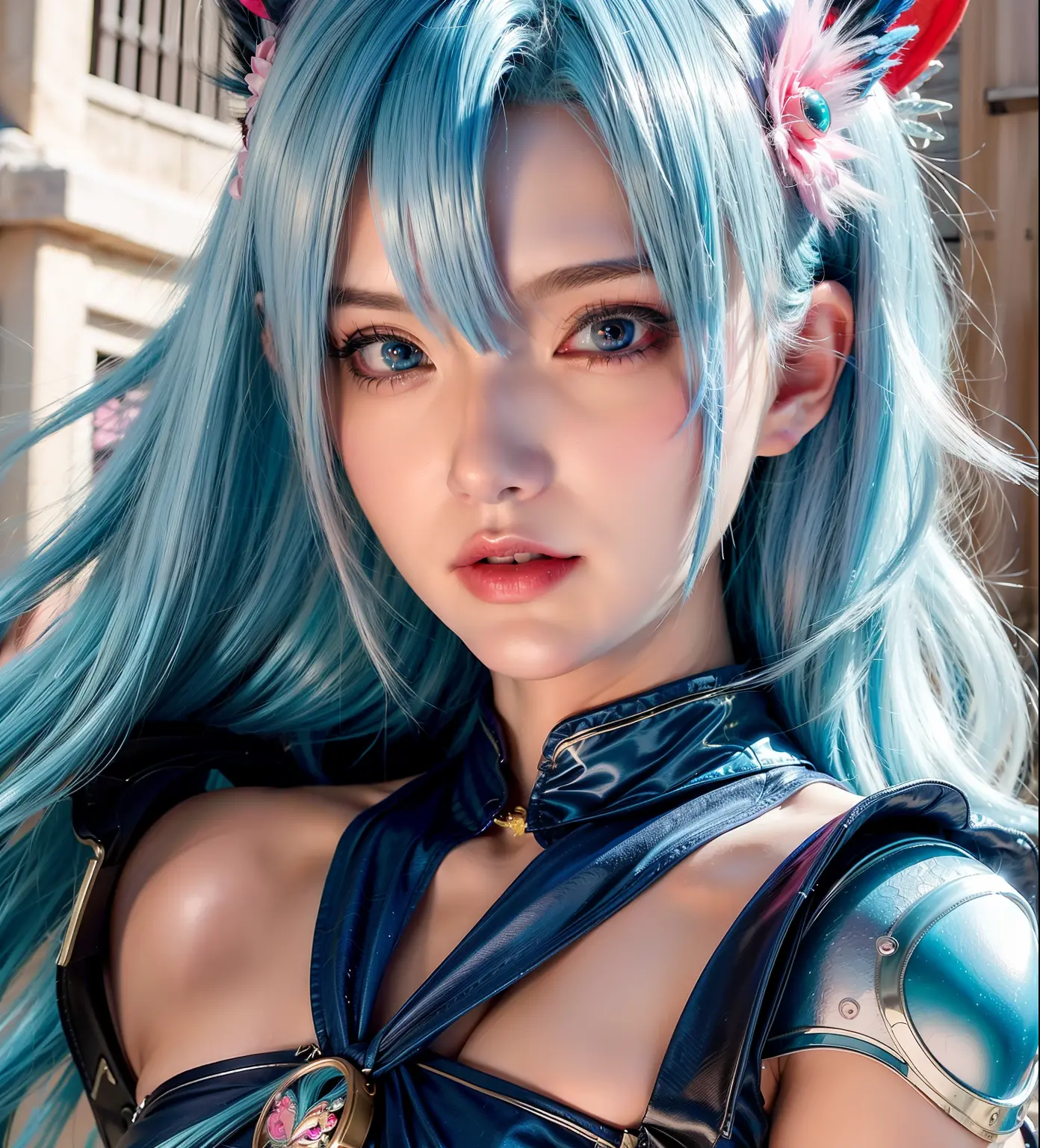 Close-up of C cup angel with blue hair and colorful hair, 8K high quality detailed art, fantasy art style, detailed digital anim...