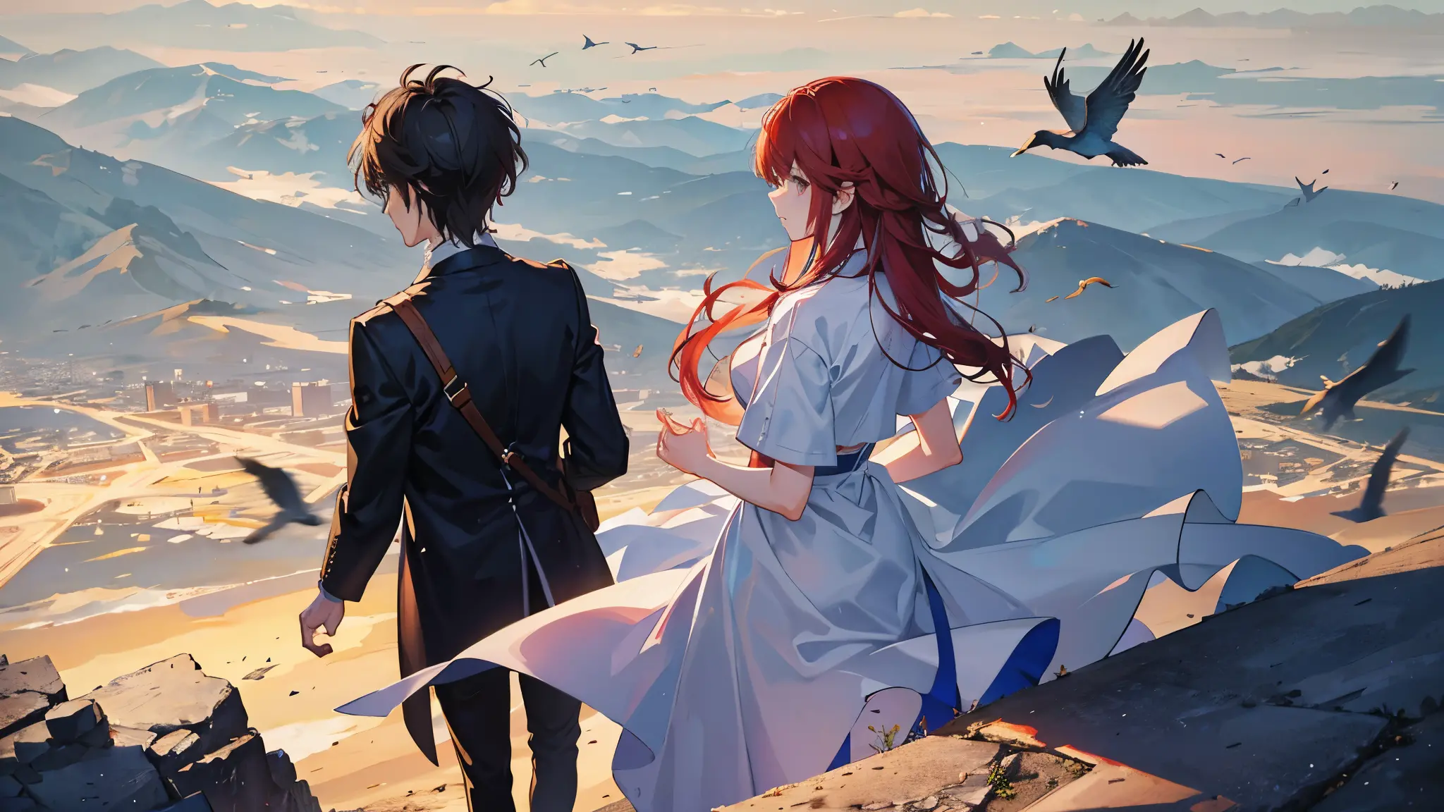 makise kurisu and okabe rintarou standing on a hill, gazing at the sky, the image is taken from above (bird's eye view), beautif...