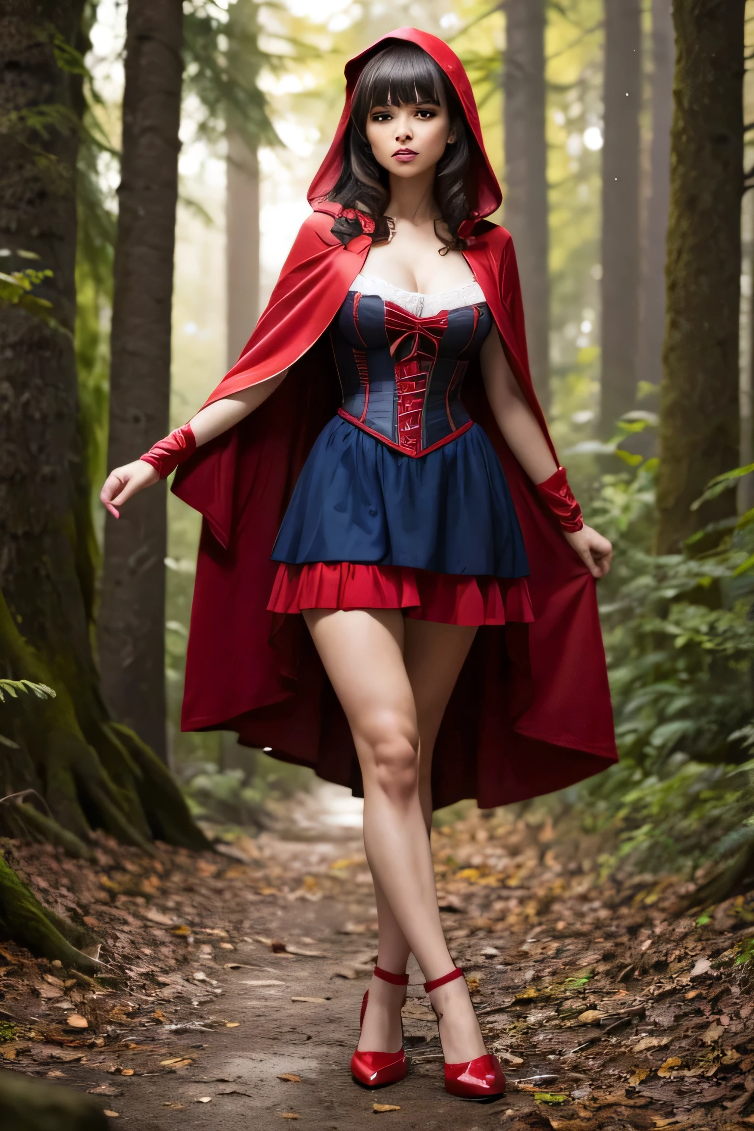 Araffe dressed in a red riding hood and blue dress walking in the woods -  SeaArt AI