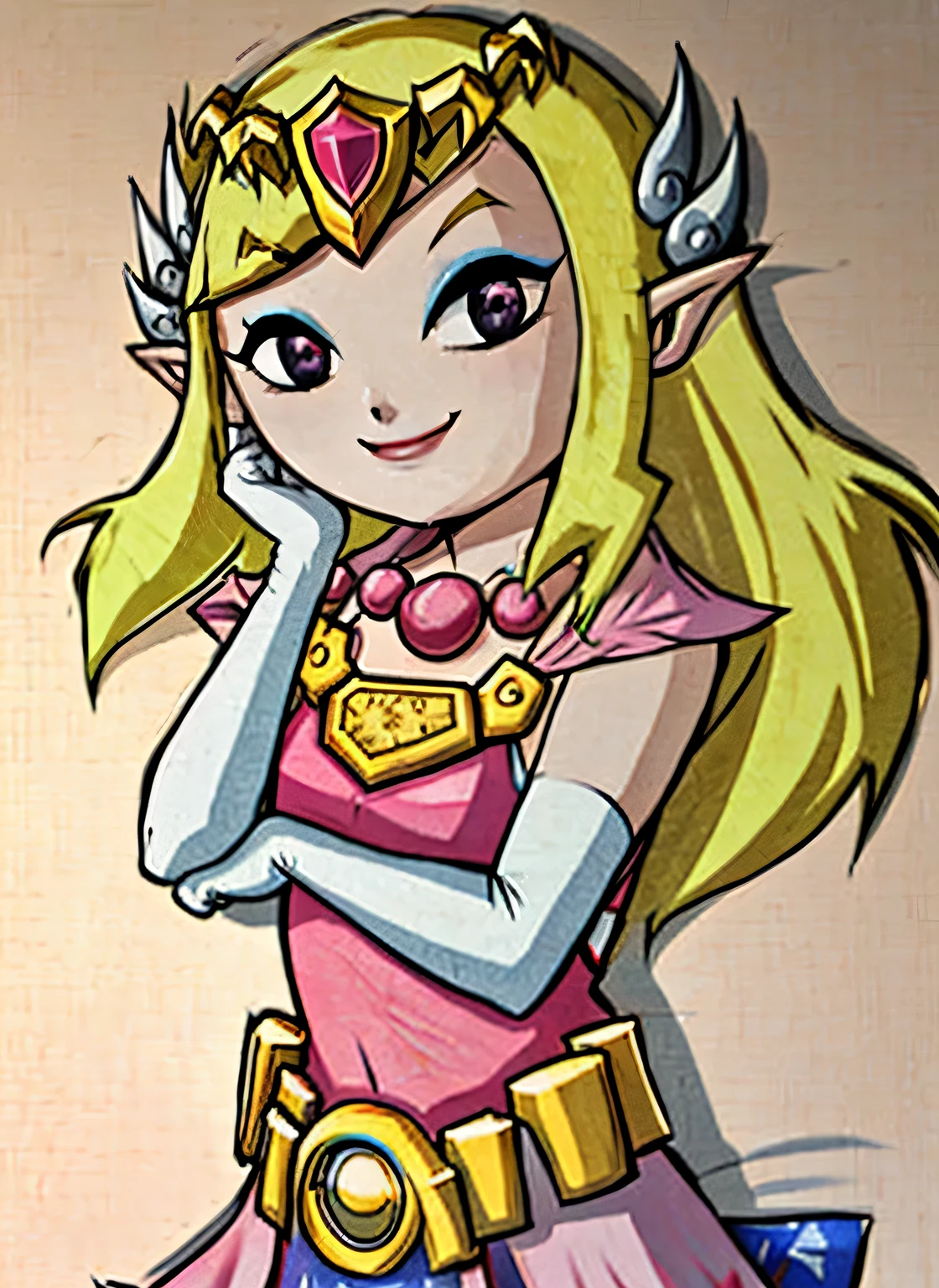 dibujos animados zelda, 1 chica, solo, pelo largo, sonrisa, pelo rubio, guantes, vestido, joyas, orejas puntiagudas, elbow guantes, cinturón, collar, ojos negros, constituir, Tiara, Sombra, guante de ajuste del codo