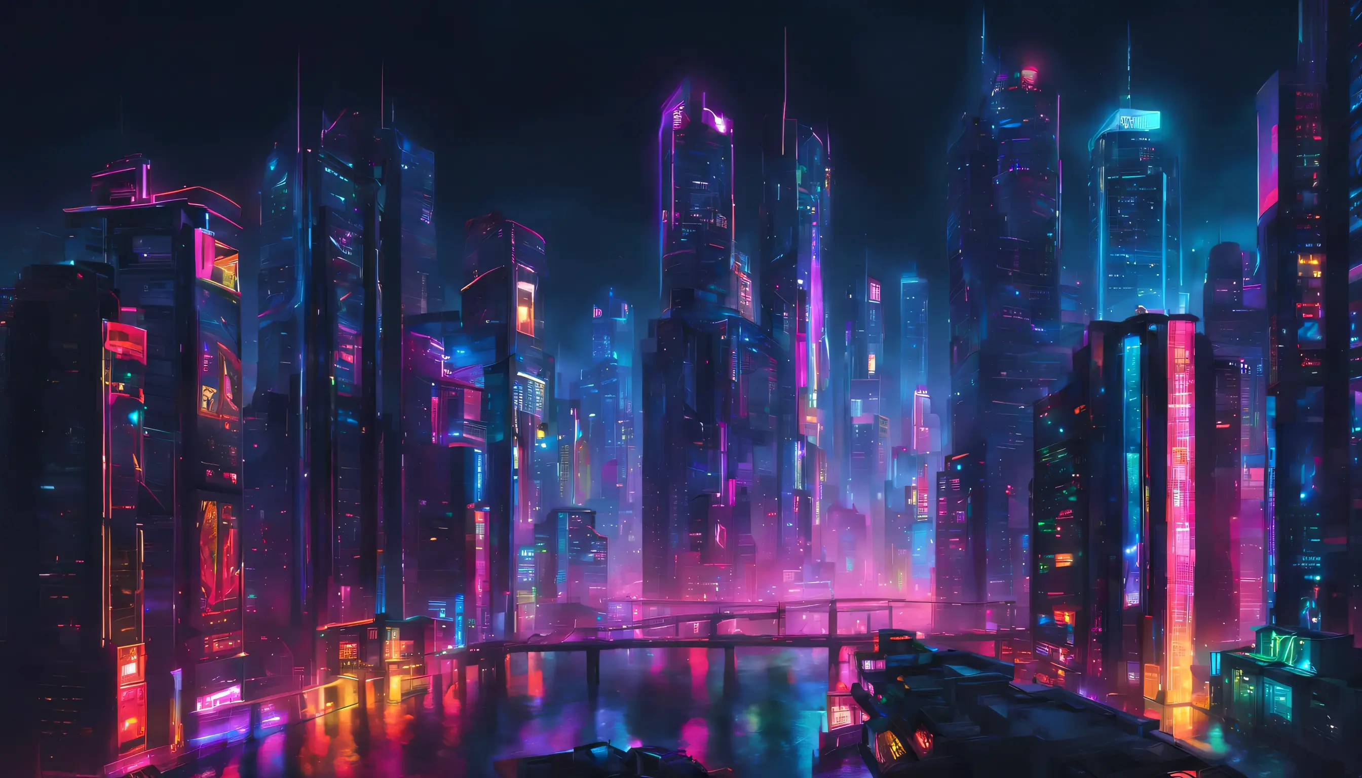 cyberpunk city, neon lights, colorful, skyscrappers, night