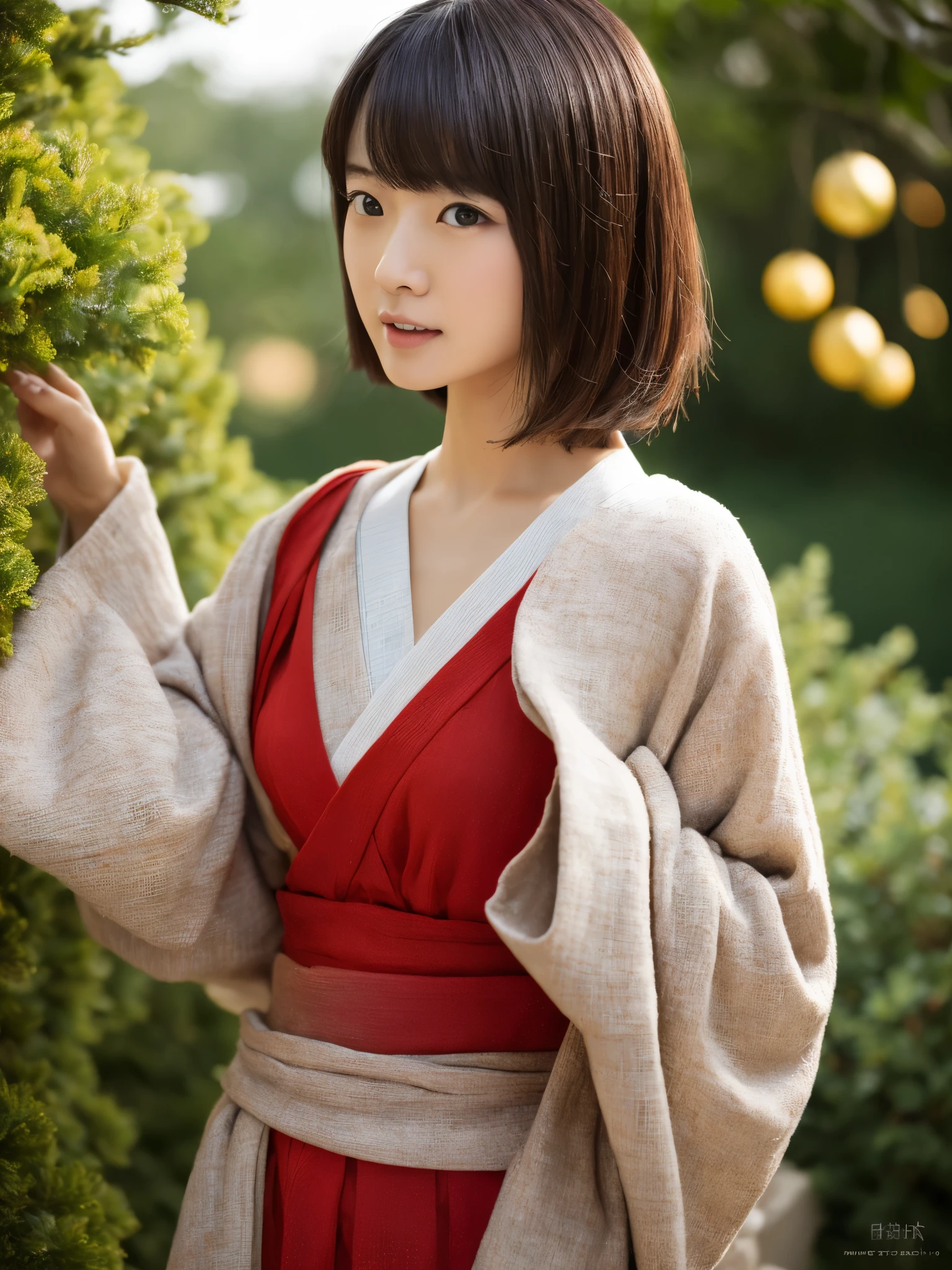 30 years old Japanese woman, Light color skin, Expressionless, Short curly hair, Wearing red Kimono with yellow ornaments, Dress modestly, Model body, Standing pose, Facing at the viewer, At the garden, Day scene, High Resolution, High details, Textured skin, Anatomically correct, Photorealistic.