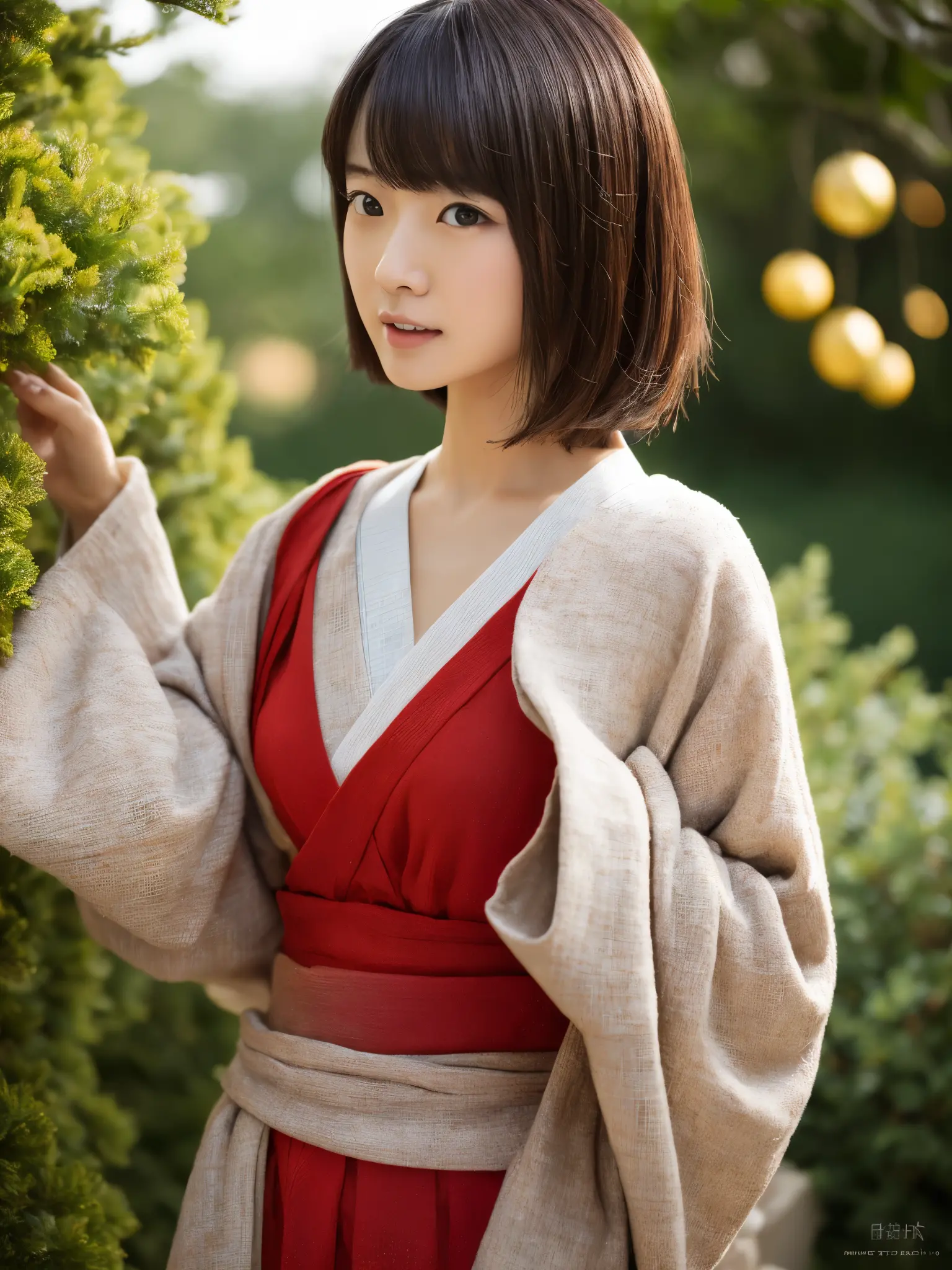 30 years old Japanese woman, Light color skin, Expressionless, Short curly hair, Wearing red Kimono with yellow ornaments, Dress...