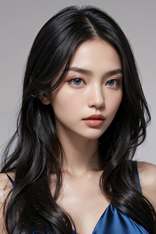 ealistic portrait photo of a captivating woman with a unique blend of Southern European and East Asian ancestry, silky, jet-black hair falling in loose waves around shoulders, azure blue eyes, high cheekbones, petite nose, well-defined jawline, height of 160cm, c-cup bust, slim waist with a modest hourglass figure