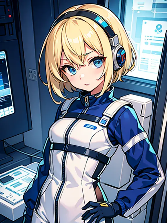 1 girl, masterpiece, short hair, blonde, blue eyes, Severe, mechanical suit,headphone、 white suit, portrait, Inside the space st...