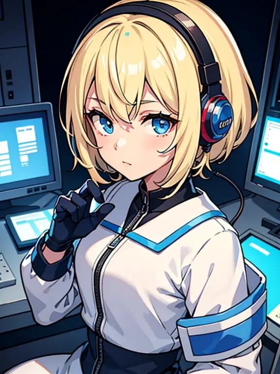 1 girl, masterpiece, short hair, blonde, blue eyes, Severe, mechanical suit,headphone、 white suit, portrait, Inside the space st...