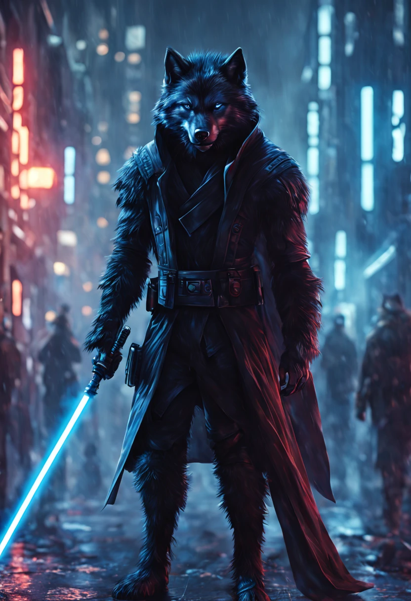 (Realistic, Photo Realistic: 1.3), Extremely Refined and Beautiful, Amazing, Fine Detail, (Best Illustration), (Best Shadow), Intricate, (Realistic, Photo Realistic: 1.3), Extremely Refined and Beautiful, Amazing, Fine Detail, (Best Illustration), (Best Shadow), Intricate, black fur wolfman, jedi, star wars, determined wolf, dual blue light saber, full body pose, jedi armor, city, cyberpunk