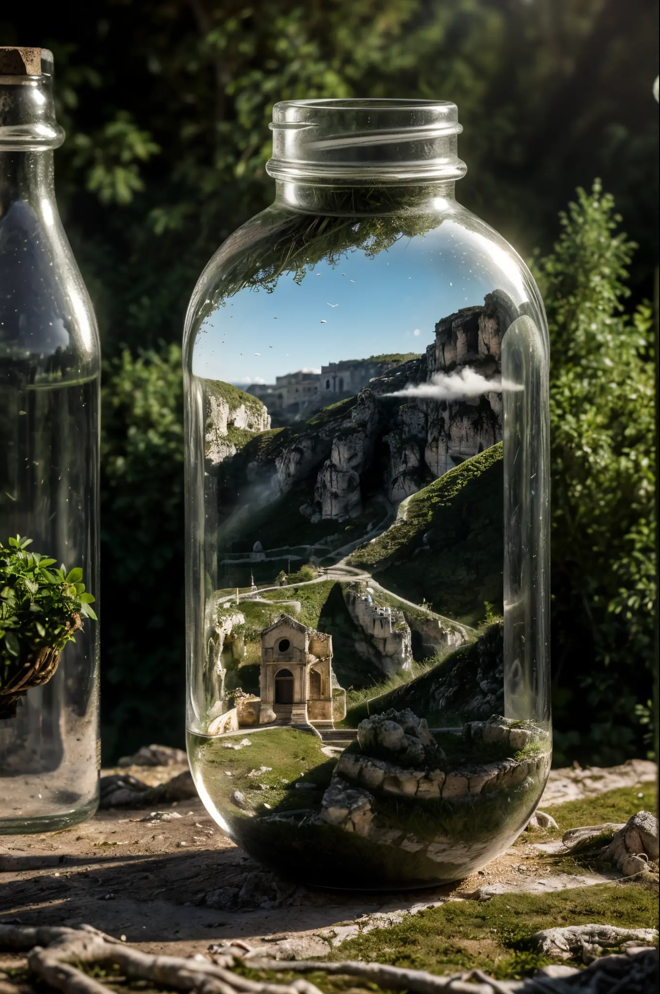 (An intricate sassi_di_matera landscape trapped in a bottle), (chemtrails inside the bottle), atmospheric oliva lighting, on the...