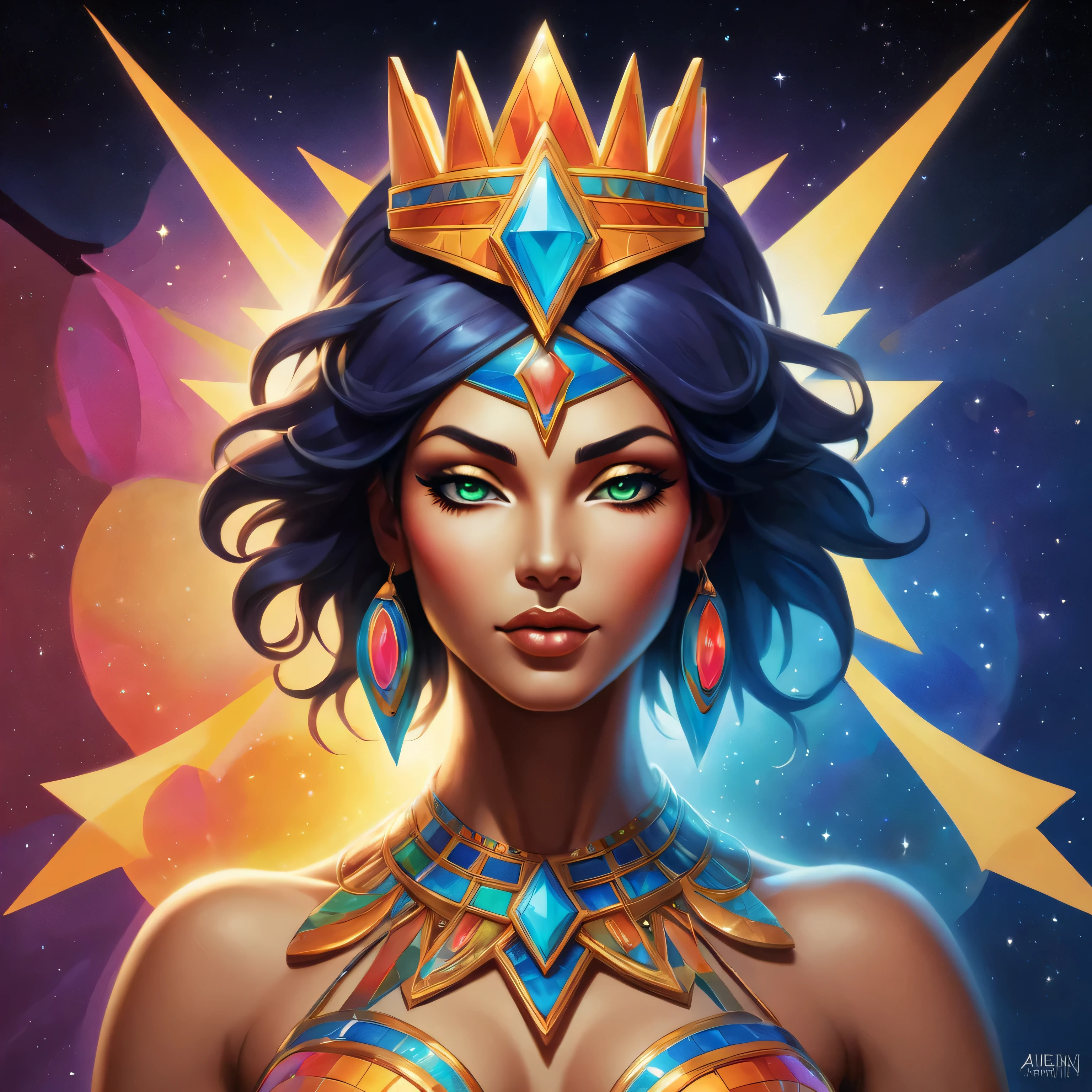 In the heart of the vibrant desert, the goddess Neith emerges as a radiant symbol of life, union, and transformation. Infused with the energy of Pop Art, Anime & Comic Book, her form pops in luminous hues, bursting with color and movement. Neith's body is an intricate mosaic of dynamic curves and bold shapes, inspired by the fusion of Geometric and Cubist art. Her eyes, two luminous orbs, emit a soft bioluminescence, reflecting the depth of her wisdom. A celestial crown adorns her head, a constellation of sterling stars, pulsing with neon energy. Neith's hands are outstretched, offering a gift – the eternal cycle of life, reborn in a dazzling explosion of color and new beginnings.