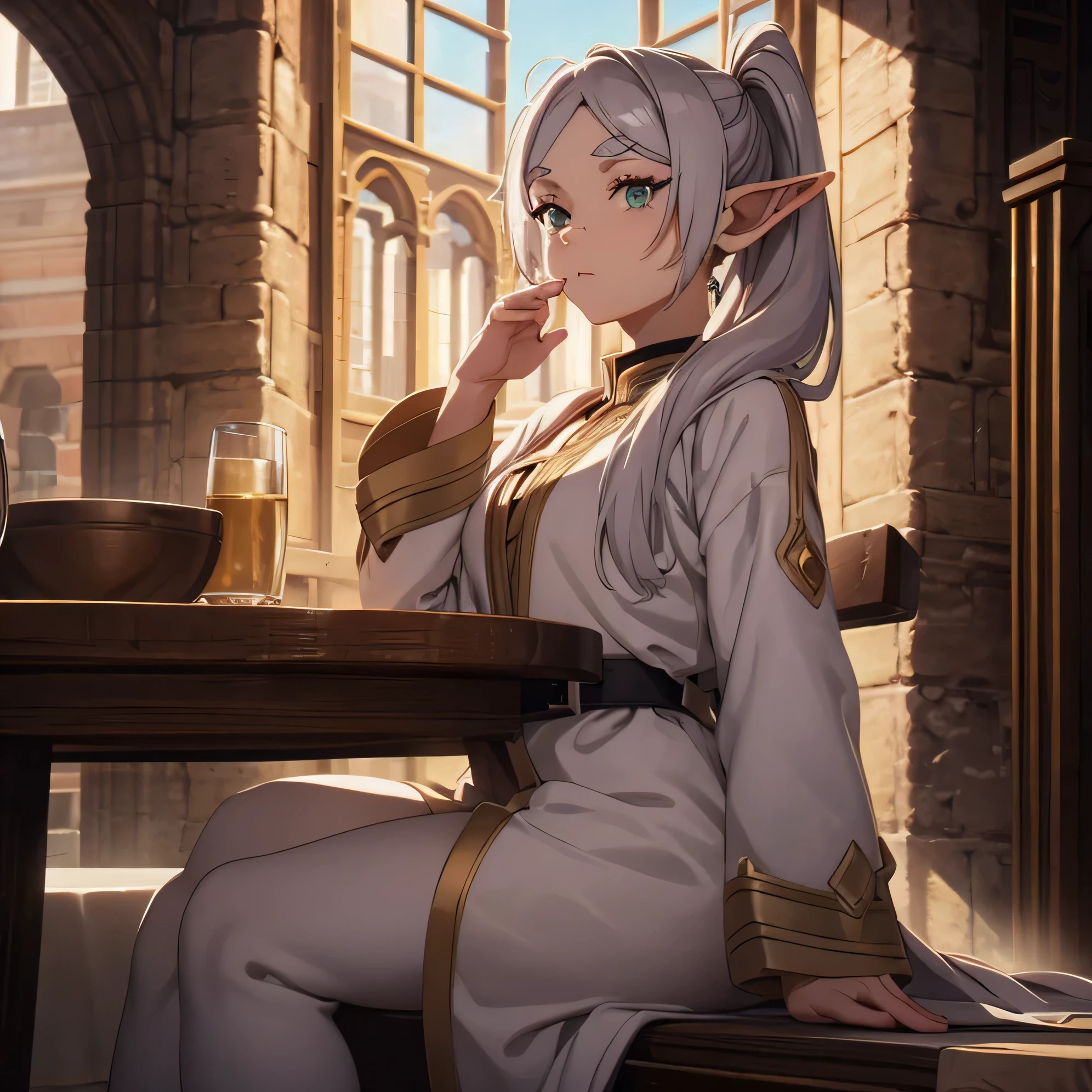 An elf girl,Double ponytail gray hair、white robe and skirt、black legging pants、Brown boots,green eyes,parted bangs,thick eyebrows,beautiful Finger,beautiful character design, official art,Extremely detailed CG unification, perfect lighting,colorful, (the best_quality:1.0), 超high resolution,super detailed,  high resolution, lens flare, (beautiful_Face:1.5),on the table,the bestquality, Wizard Wand,Medieval cityscape