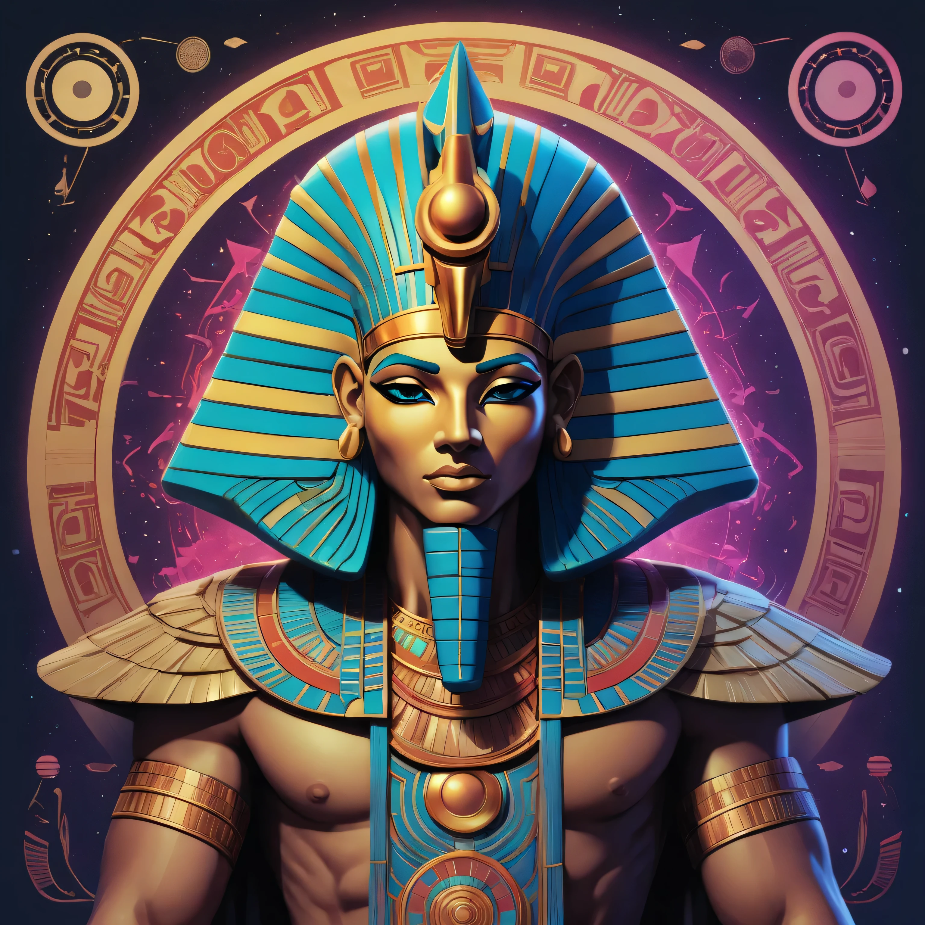 In a contemporary Digital Art design, create a vibrant Pop Art interpretation of Heka, the ancient Egyptian god of magic. Blend anime and comic book aesthetics with bold lines, luminous colors, and mesmerizing bioluminescent accents. Illustrate Heka's transcendent form with intricate geometric patterns inspired by Egyptian hieroglyphs, showcasing his ability to bend reality and manipulate the elements. Express his distinct attribute of change and transformation with drunken perspectival shifts, adorned in a unique, storied fabric, reminiscent of sacred Egyptian tapestries, embodying a celestial godlike presence while rooted in rich cultural history.
