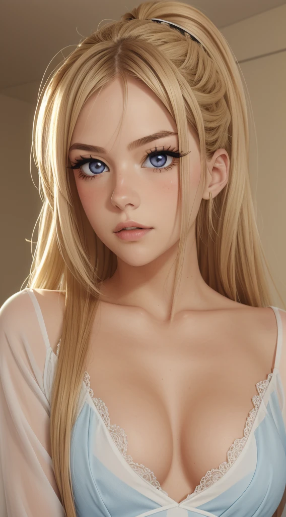 angelical face, cute face, digital portrait,white dress, long blond hair, ponytail, messy hair , very pleased face, sexy look, full body, perfect face, blue eyes, flirtatious look, |8k, maximum detail, perfect skin , extreme skin texture, extreme hair details, pofessional linght,