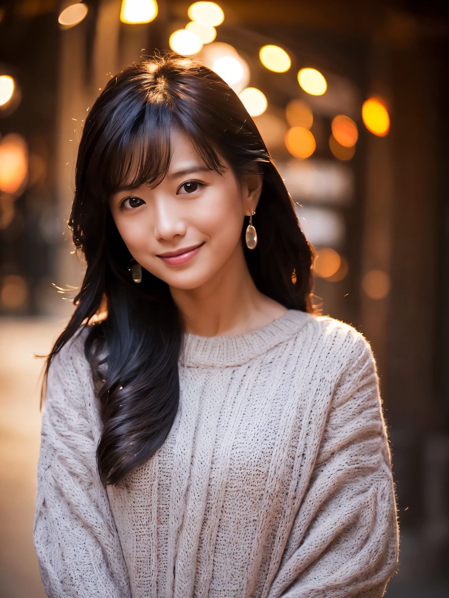 Japanese lady, 40 years old, casual outfit, long black hair, colored inner hair, empty eyes, earrings, smile, depth of field, cinematic lighting, Canon, f/1.2, cowboy shot, UHD, masterpiece, anatomically correct, textured skin, super detail, high quality, 8k, HD