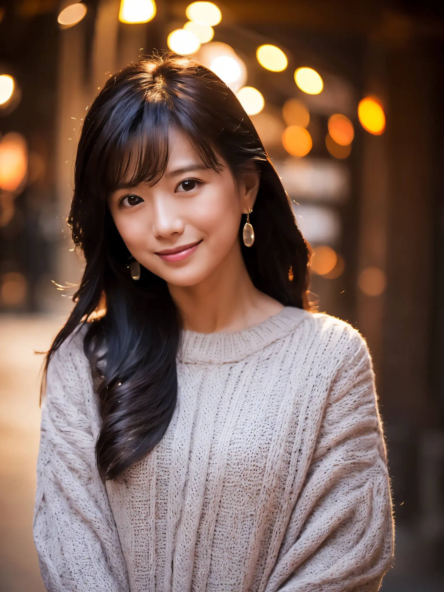 Japanese lady, 40 years old, casual outfit, long black hair, colored inner hair, empty eyes, earrings, smile, depth of field, ci...