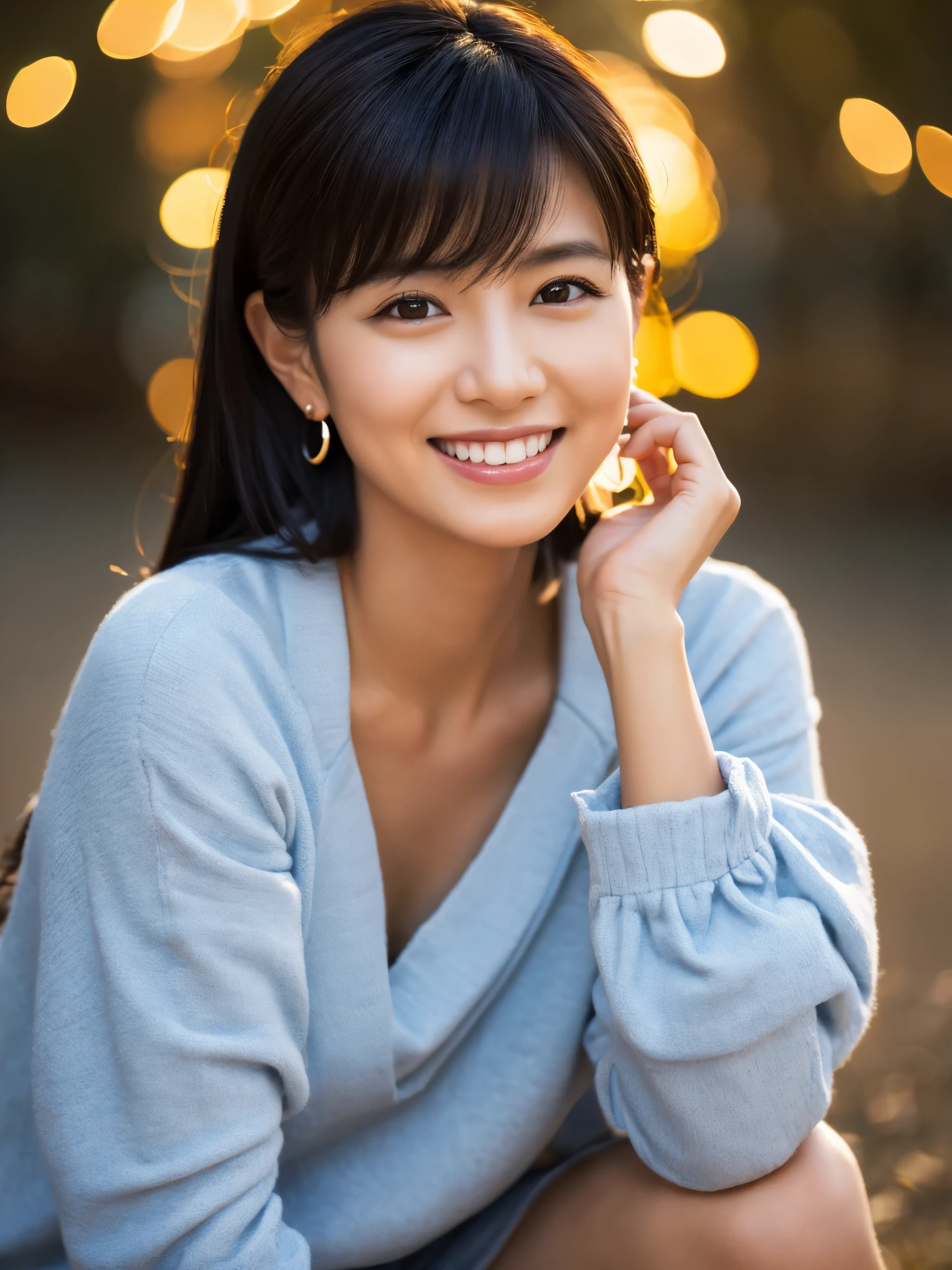 Japanese lady, 40 years old, casual outfit, long black hair, colored inner hair, empty eyes, earrings, smile, depth of field, cinematic lighting, Canon, f/1.2, cowboy shot, UHD, masterpiece, anatomically correct, textured skin, super detail, high quality, 8k, HD