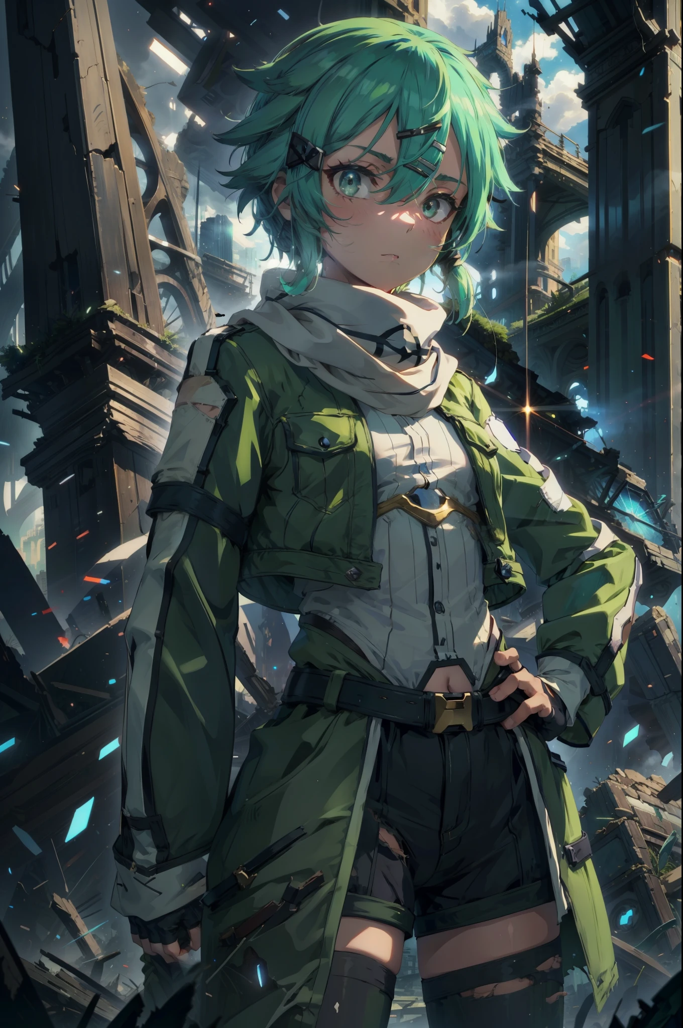 (masterpiece), best quality, expressive eyes, perfect face, highres, sinon1, scarf, fingerless gloves, long sleeves, short shorts, hair ornament, hairclip, green thighhighs, green jacket, thigh strap, hands on hip, field, ruins background, ruined structures, standing,upper body portrait, looking at the viewer